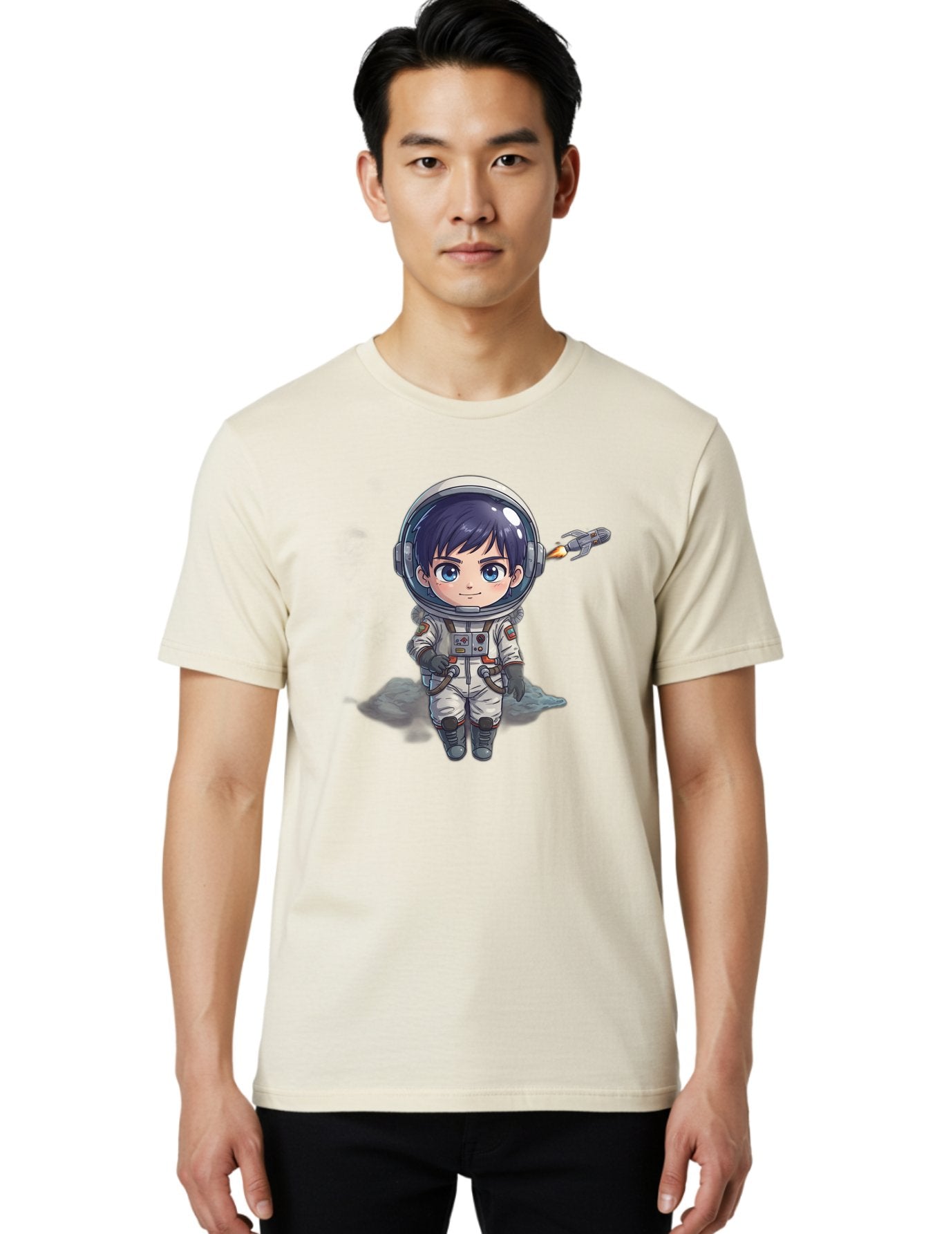 Astronaut-Boy Men'S Graphic Tee, 100% Cotton, Comfortable Casual Summer Wear, Machine Washable, Cartoon Astronaut, Chibi Character, Space Suit, Helmet, Blue Eyes, Dark Hair, Rocket Pack, Adventure, Cartoon Style, Kawaii Art, Futuristic, Bab649 26