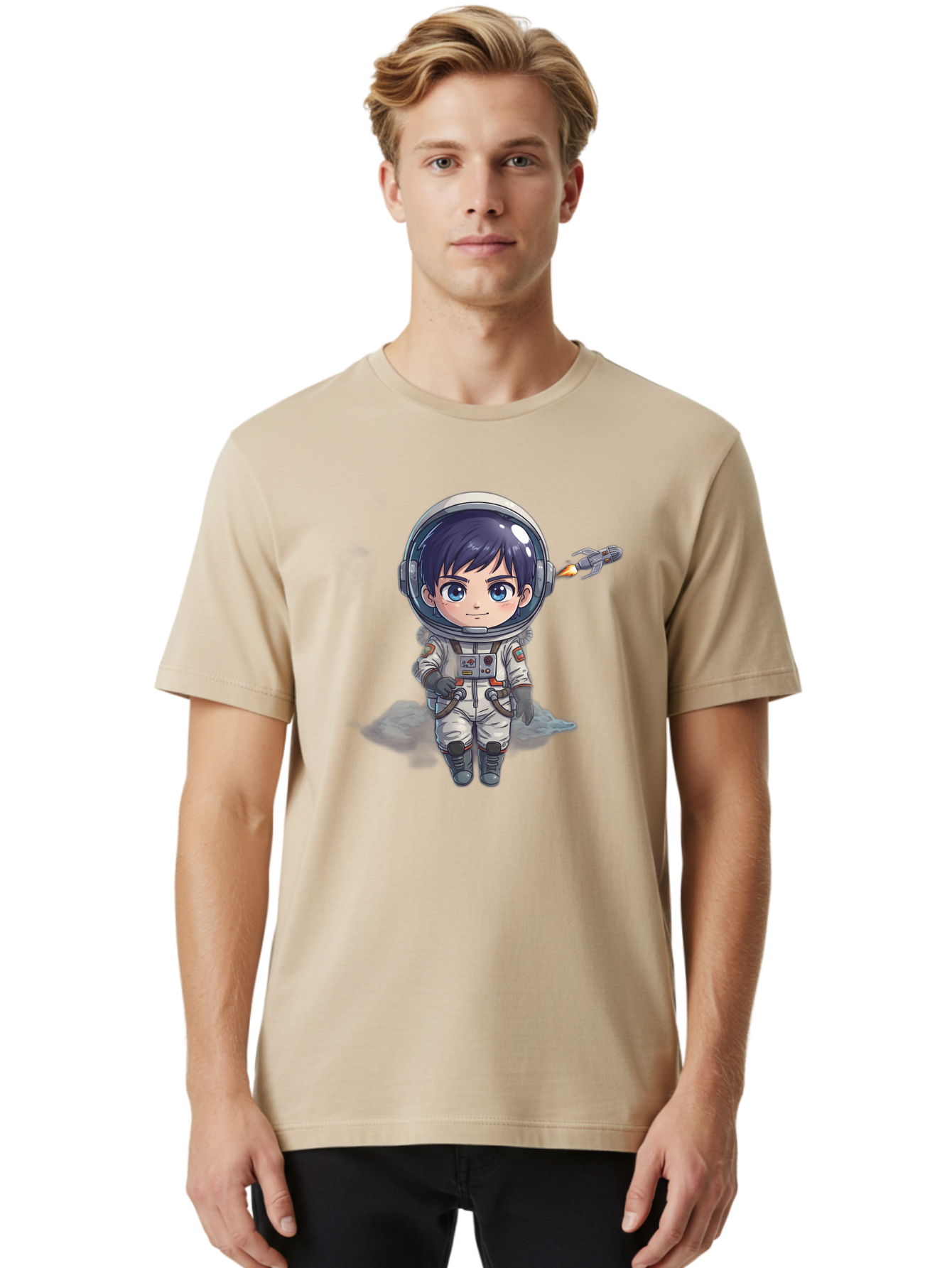 Astronaut-Boy Men'S Graphic Tee, 100% Cotton, Comfortable Casual Summer Wear, Machine Washable, Cartoon Astronaut, Chibi Character, Space Suit, Helmet, Blue Eyes, Dark Hair, Rocket Pack, Adventure, Cartoon Style, Kawaii Art, Futuristic, Bab649 27