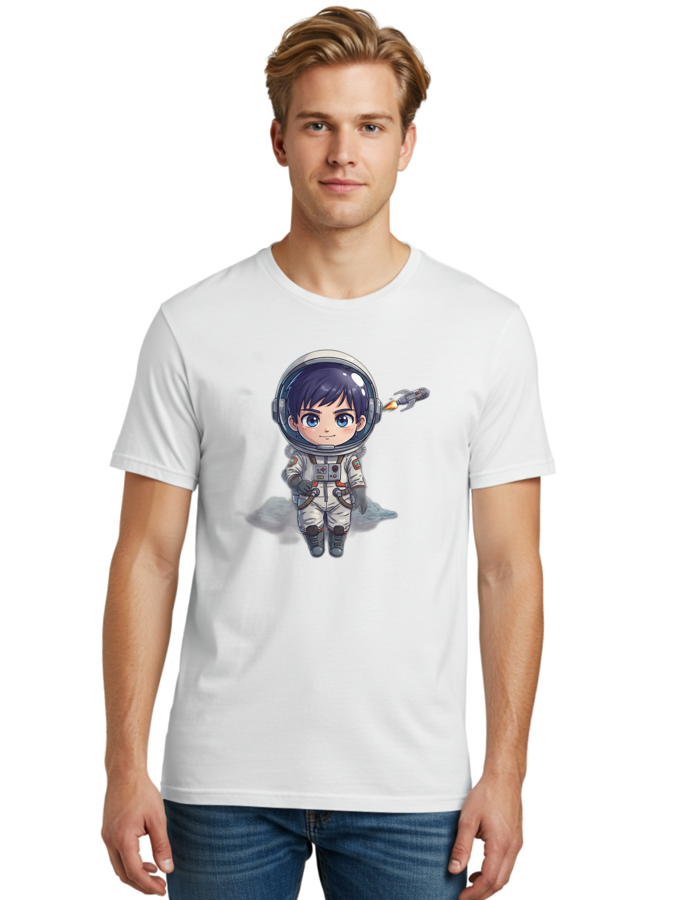 Astronaut-Boy Men'S Graphic Tee, 100% Cotton, Comfortable Casual Summer Wear, Machine Washable, Cartoon Astronaut, Chibi Character, Space Suit, Helmet, Blue Eyes, Dark Hair, Rocket Pack, Adventure, Cartoon Style, Kawaii Art, Futuristic, Bab649 25