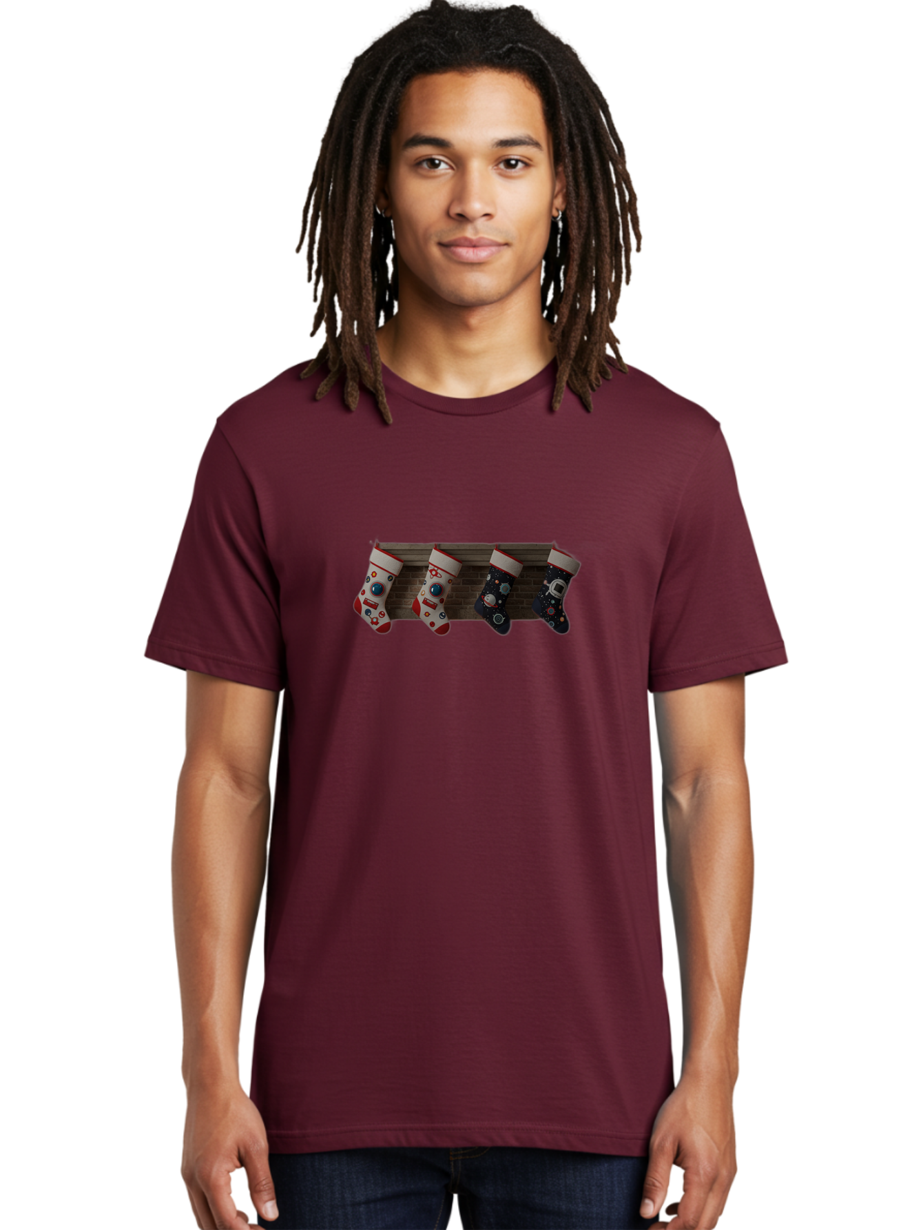 Astronaut-Christmas-Stockings Men'S Graphic Tee, 100% Cotton, Comfortable Casual Summer Wear, Machine Washable, Christmas Stockings, Holiday Decor, Festive Socks, Holiday Cheer, Wall Decoration, Brick Wall, Christmas Celebration, Bab650 19