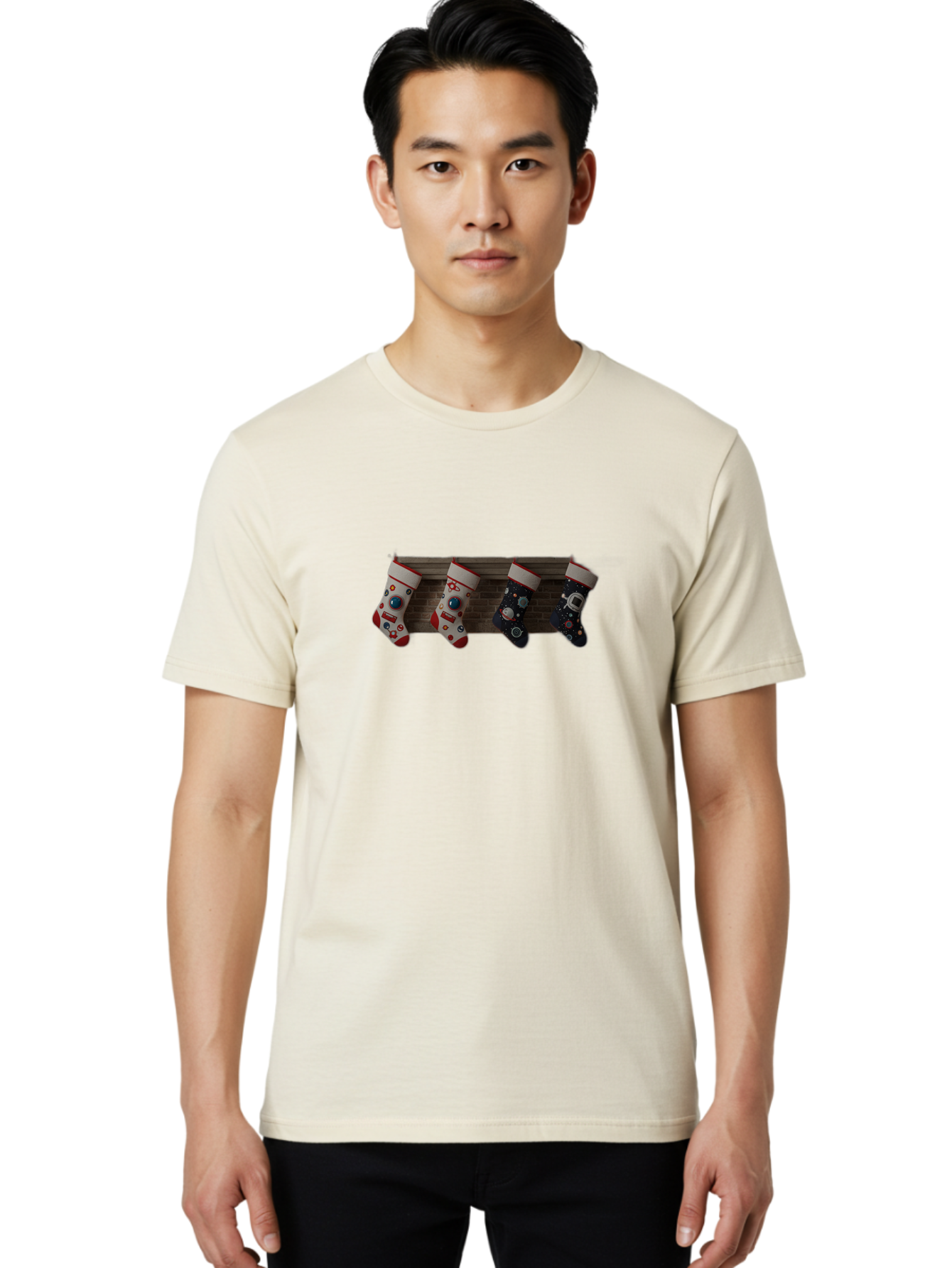 Astronaut-Christmas-Stockings Men'S Graphic Tee, 100% Cotton, Comfortable Casual Summer Wear, Machine Washable, Christmas Stockings, Holiday Decor, Festive Socks, Holiday Cheer, Wall Decoration, Brick Wall, Christmas Celebration, Bab650 21