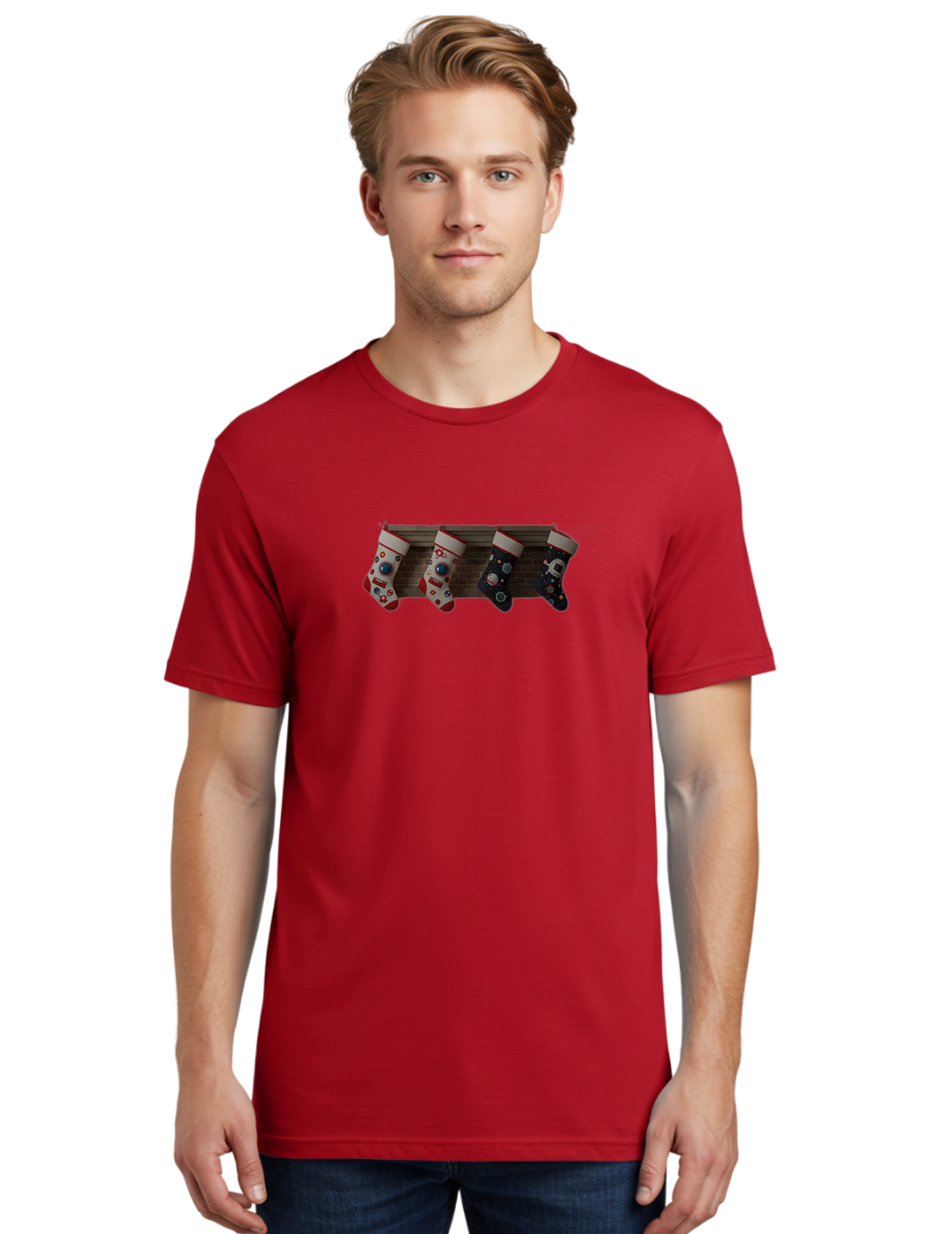 Astronaut-Christmas-Stockings Men'S Graphic Tee, 100% Cotton, Comfortable Casual Summer Wear, Machine Washable, Christmas Stockings, Holiday Decor, Festive Socks, Holiday Cheer, Wall Decoration, Brick Wall, Christmas Celebration, Bab650 30