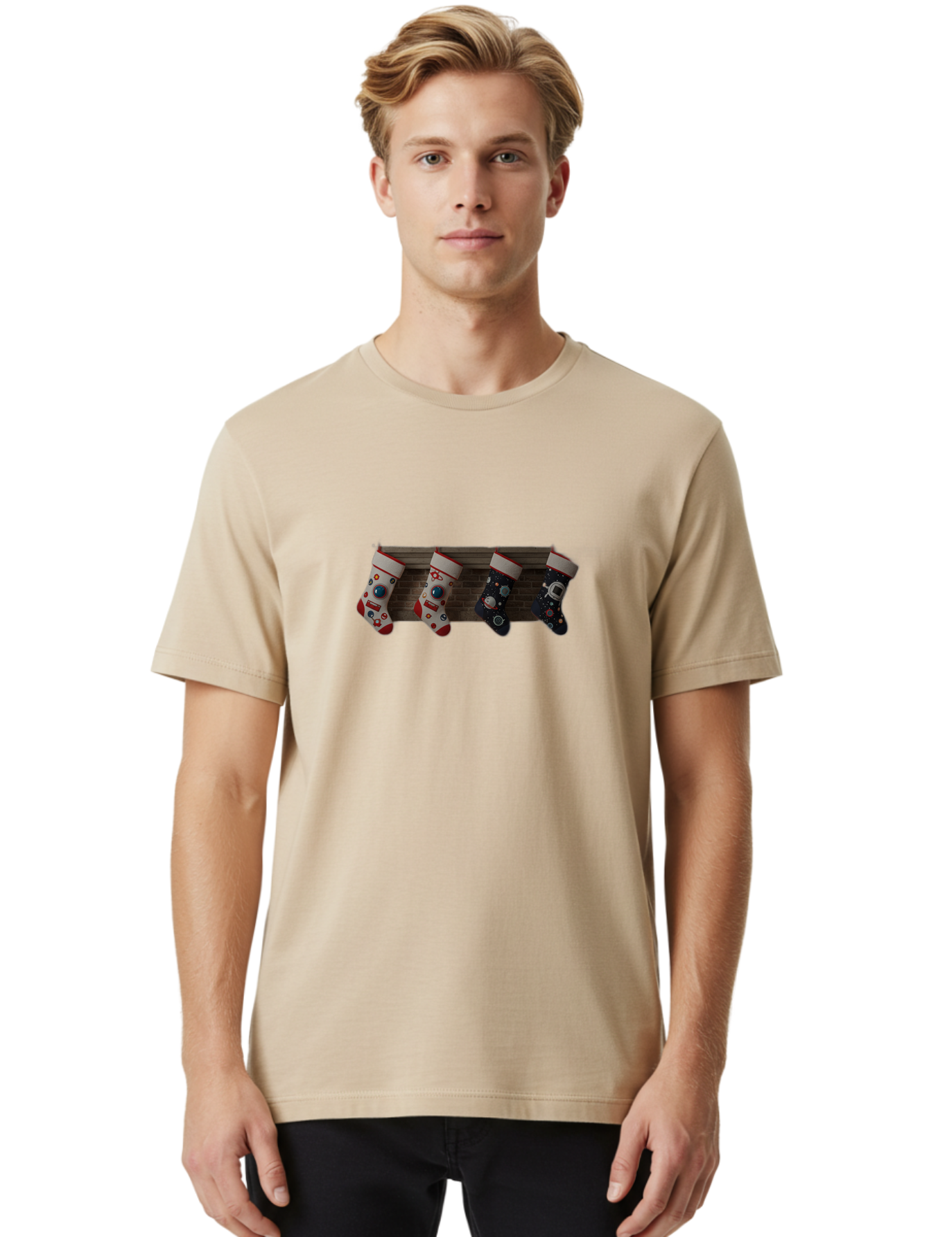 Astronaut-Christmas-Stockings Men'S Graphic Tee, 100% Cotton, Comfortable Casual Summer Wear, Machine Washable, Christmas Stockings, Holiday Decor, Festive Socks, Holiday Cheer, Wall Decoration, Brick Wall, Christmas Celebration, Bab650 27