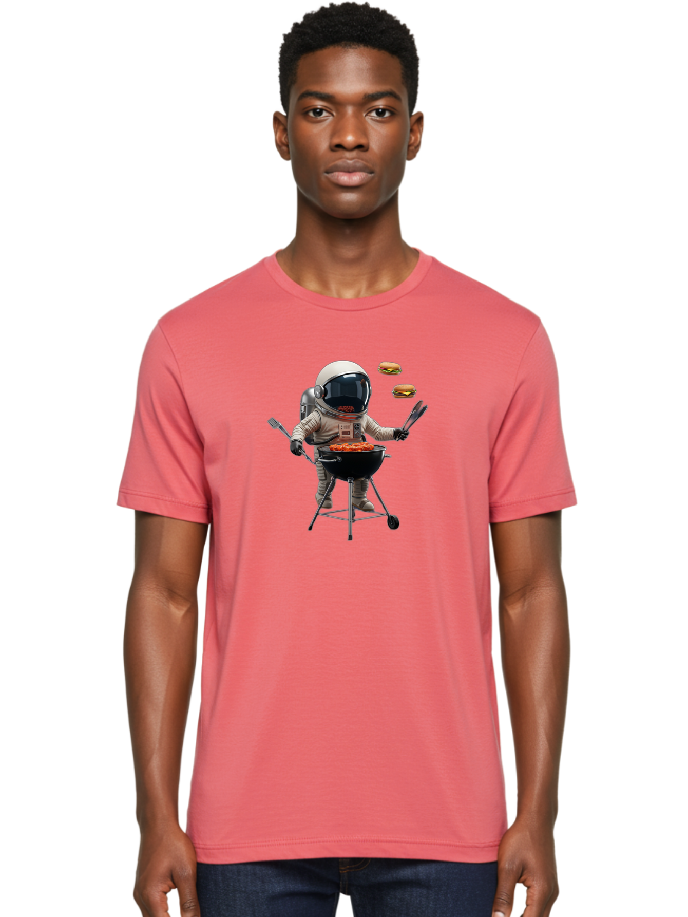 Astronaut-Grilling-Burgers Men'S Graphic Tee, 100% Cotton, Comfortable Casual Summer Wear, Machine Washable, Astronaut Grilling, Barbecue In Space, Floating Burgers, Chef In Space Suit, Grill Master, Casual Dining, Outdoor Cooking, Bab652 18