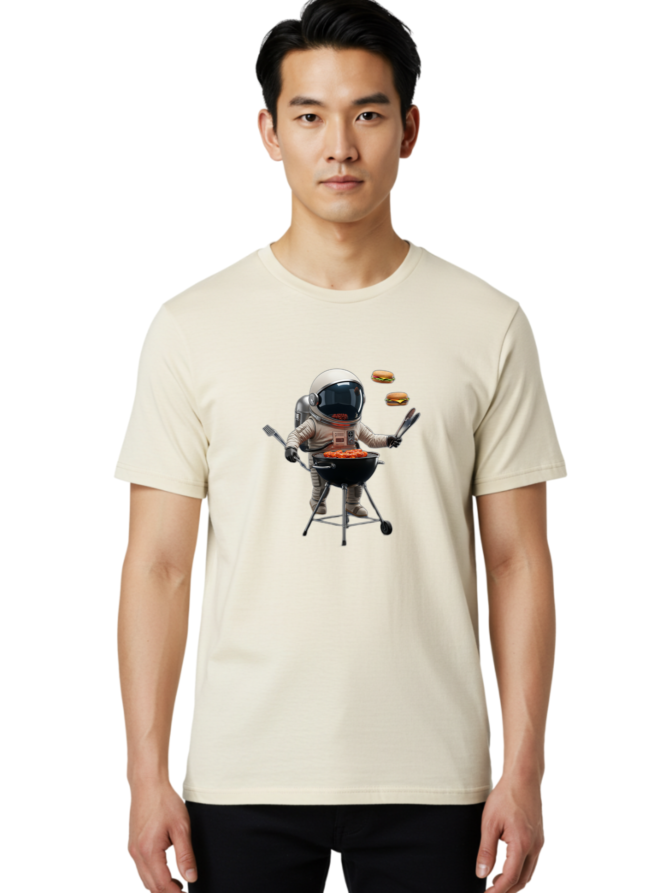 Astronaut-Grilling-Burgers Men'S Graphic Tee, 100% Cotton, Comfortable Casual Summer Wear, Machine Washable, Astronaut Grilling, Barbecue In Space, Floating Burgers, Chef In Space Suit, Grill Master, Casual Dining, Outdoor Cooking, Bab652 17