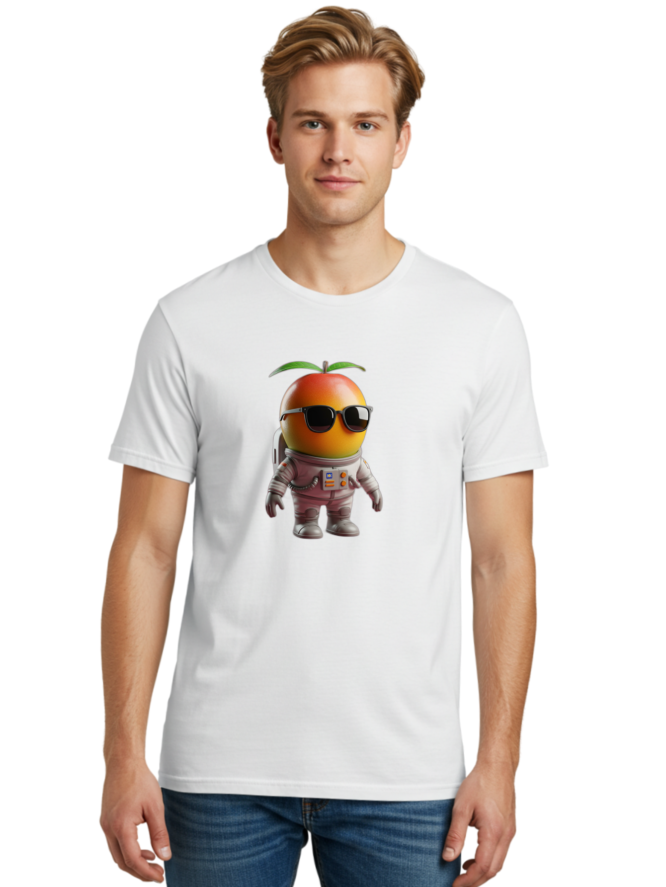 Astronaut-Peach Men'S Graphic Tee, 100% Cotton, Comfortable Casual Summer Wear, Machine Washable, Mango Astronaut, Space Suit, Trendy Shades, Cartoon Character, Orange Fruit, Astronaut Costume, Futuristic Design, Cool Glasses, Space Adventure, Bab653 21