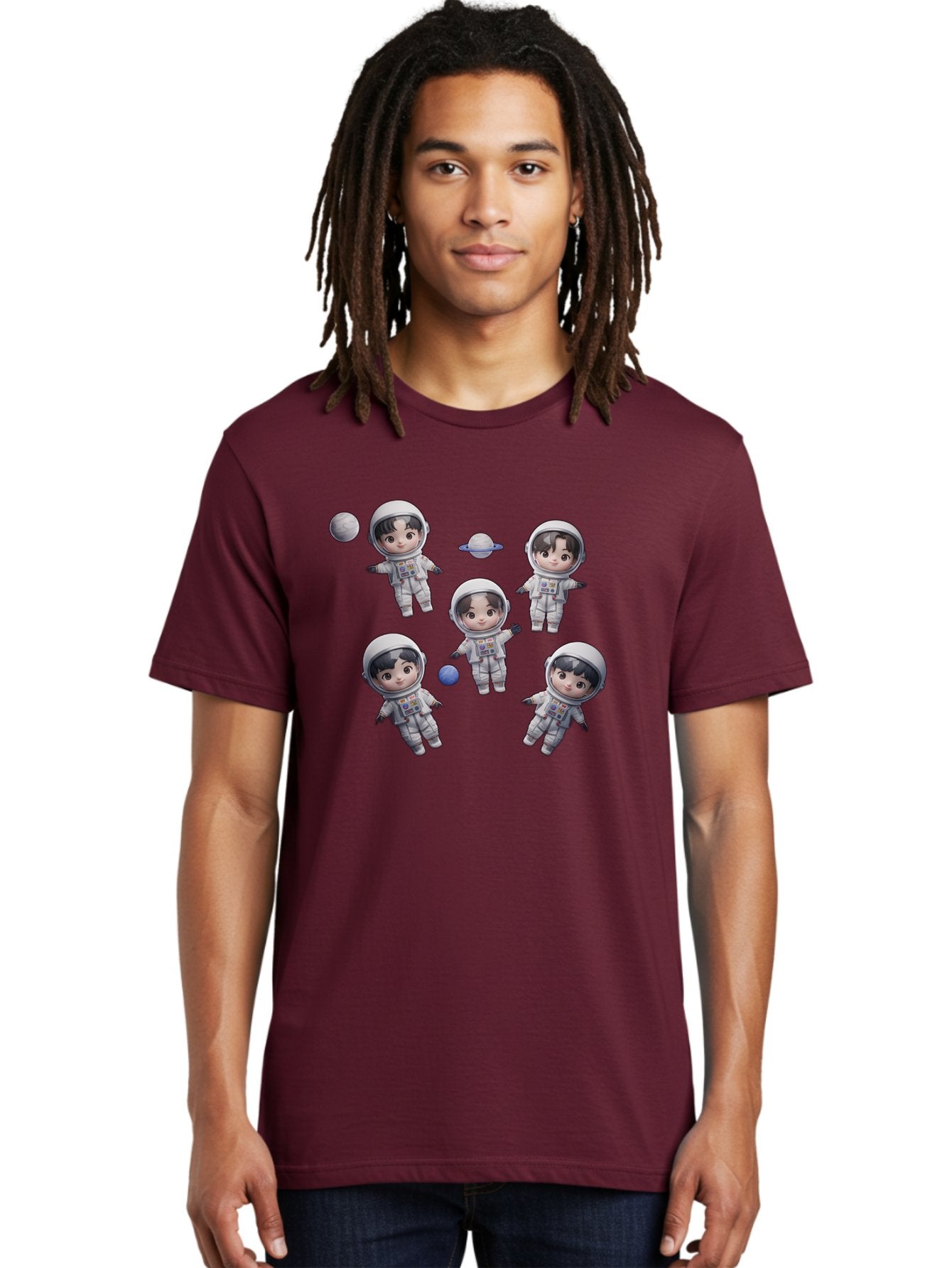 Astronauts-And-Planets Men'S Graphic Tee, 100% Cotton, Comfortable Casual Summer Wear, Machine Washable, Cartoon Astronauts, Children In Space Suits, Space Exploration, Planetary Bodies, Kawaii Art, Celestial Adventure, Animated Characters, Bab654 23
