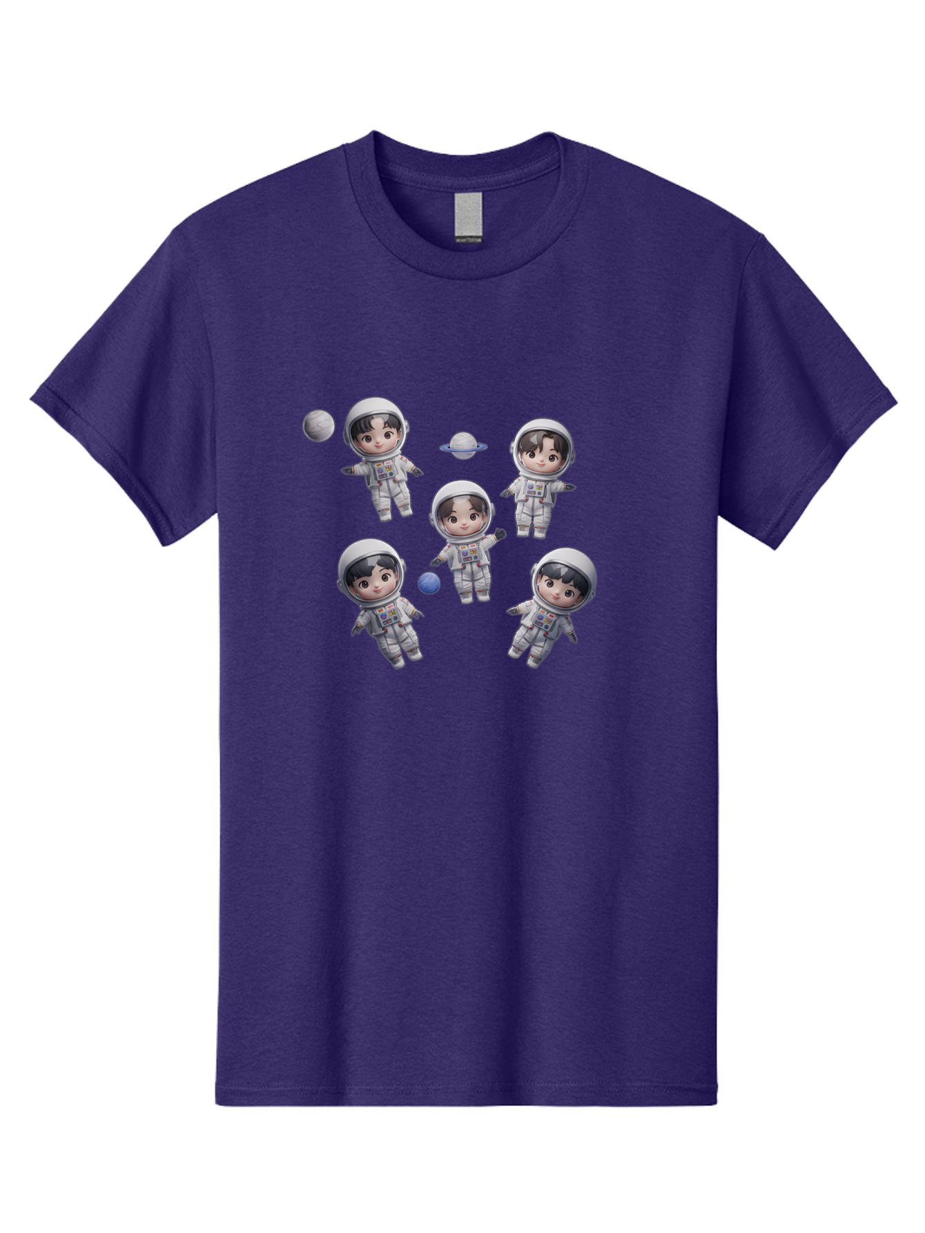 Astronauts-And-Planets Men'S Graphic Tee, 100% Cotton, Comfortable Casual Summer Wear, Machine Washable, Cartoon Astronauts, Children In Space Suits, Space Exploration, Planetary Bodies, Kawaii Art, Celestial Adventure, Animated Characters, Bab654 14