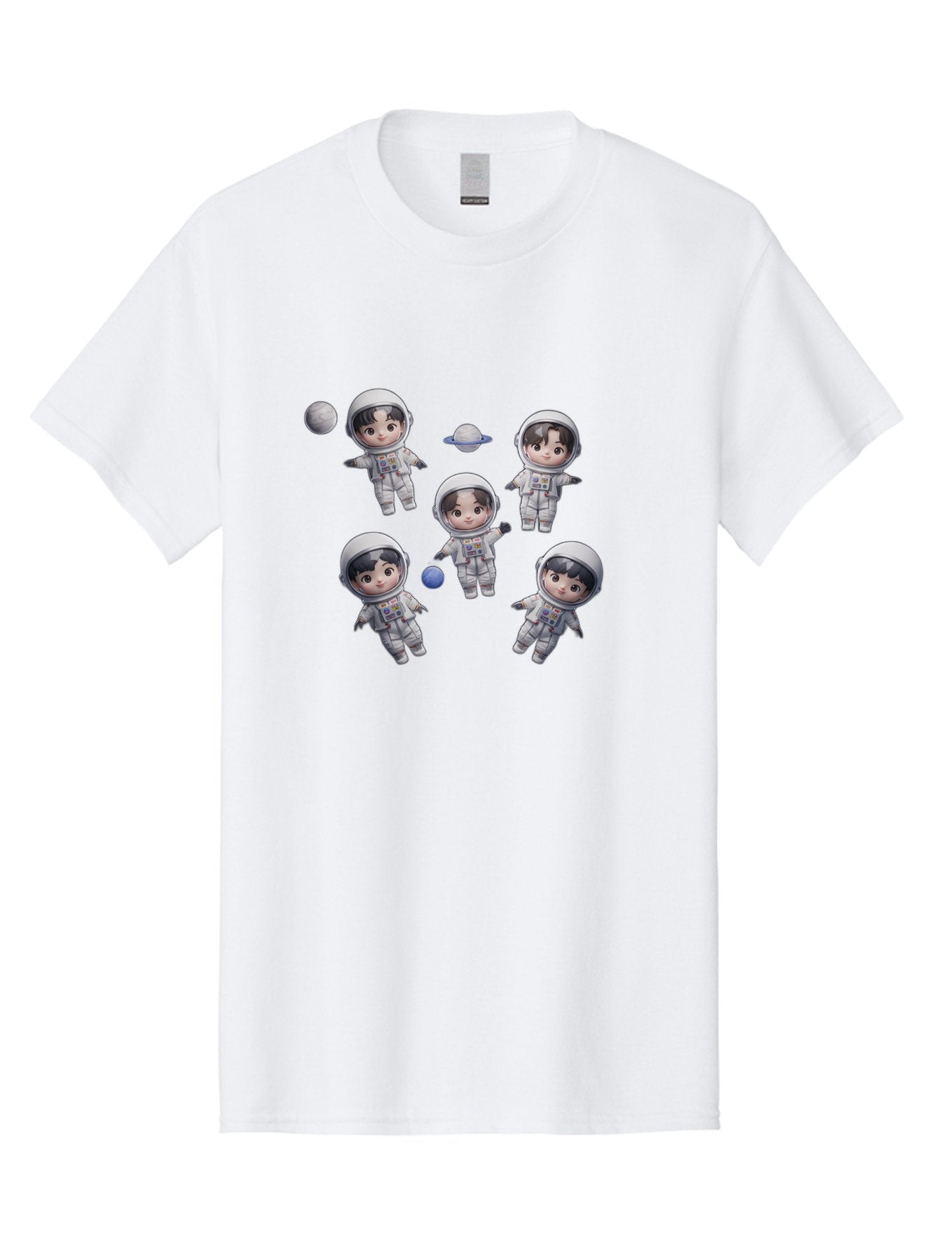 Astronauts-And-Planets Men'S Graphic Tee, 100% Cotton, Comfortable Casual Summer Wear, Machine Washable, Cartoon Astronauts, Children In Space Suits, Space Exploration, Planetary Bodies, Kawaii Art, Celestial Adventure, Animated Characters, Bab654