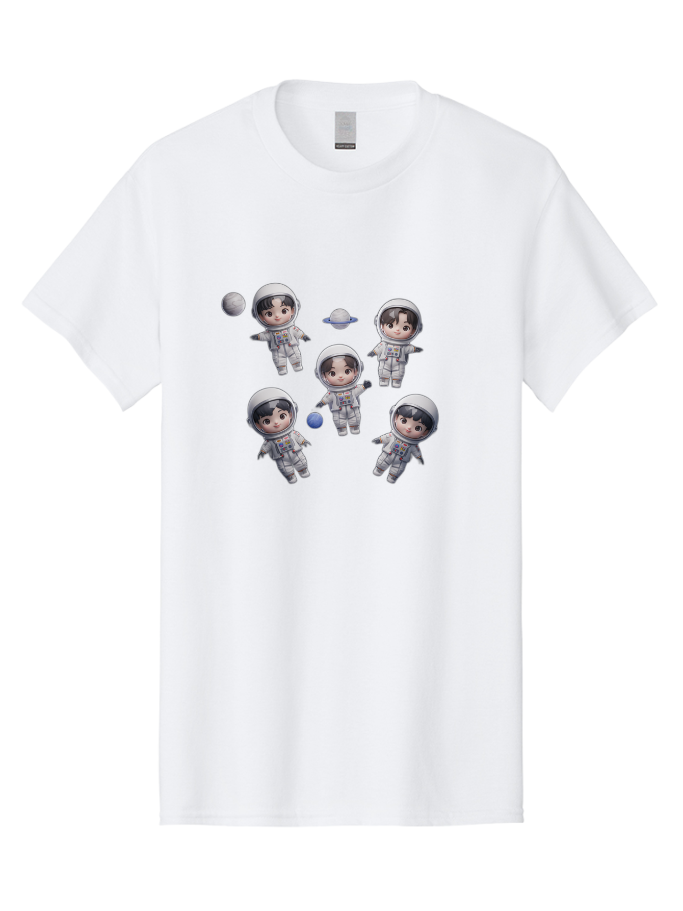 Astronauts-And-Planets Men'S Graphic Tee, 100% Cotton, Comfortable Casual Summer Wear, Machine Washable, Cartoon Astronauts, Children In Space Suits, Space Exploration, Planetary Bodies, Kawaii Art, Celestial Adventure, Animated Characters, Bab654 11