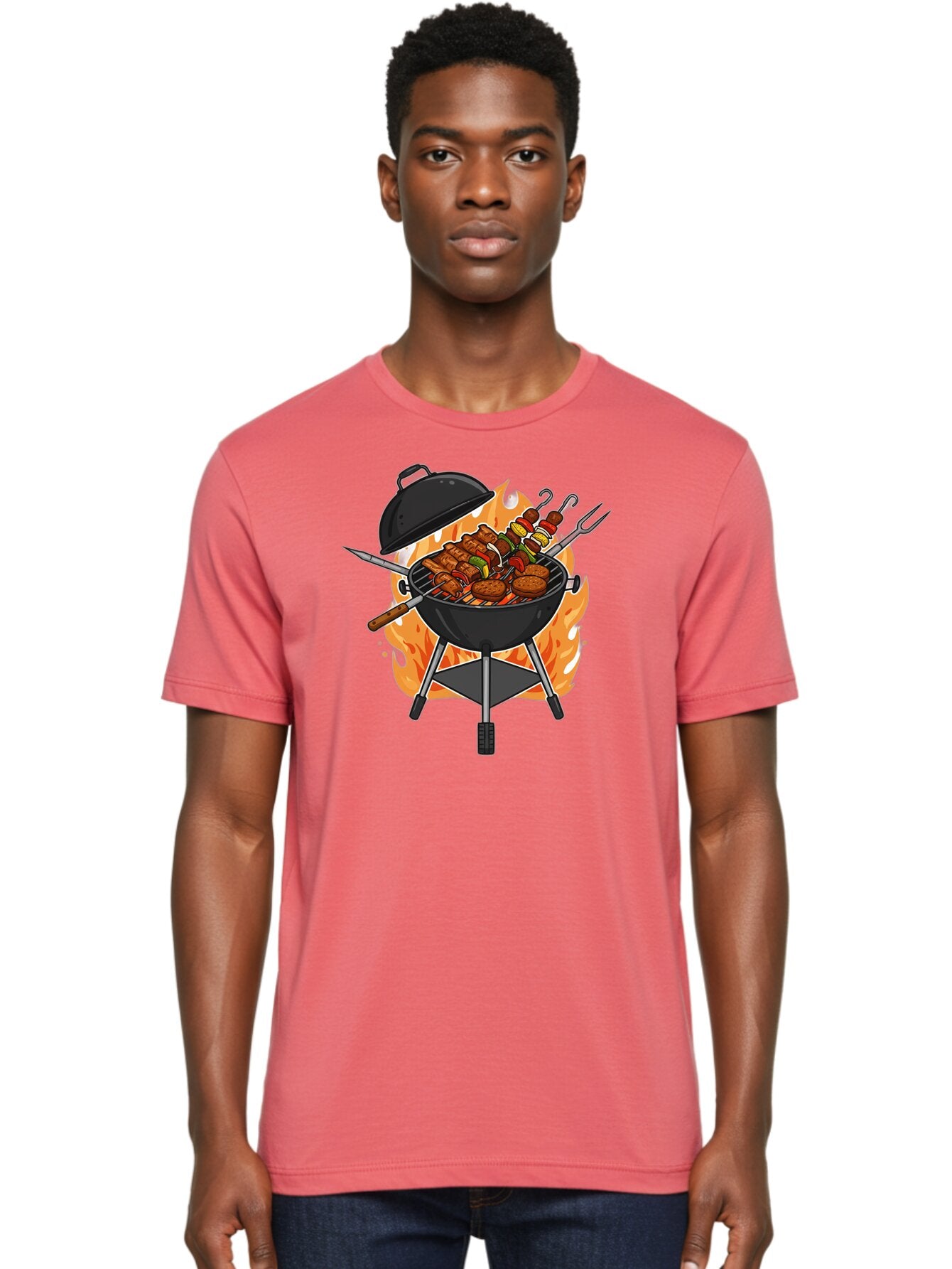 Barbecue-Grill-3 Men'S Graphic Tee, 100% Cotton, Comfortable Casual Summer Wear, Machine Washable, Barbecue Grill, Grilled Food, Skewers, Burgers, Sausages, Outdoor Cooking, Barbecue Party, Summer Fun, Delicious Food, Fire, Culinary Delights Bab657 17