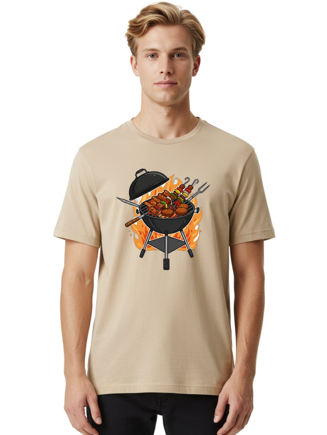 Barbecue-Grill-3 Men'S Graphic Tee, 100% Cotton, Comfortable Casual Summer Wear, Machine Washable, Barbecue Grill, Grilled Food, Skewers, Burgers, Sausages, Outdoor Cooking, Barbecue Party, Summer Fun, Delicious Food, Fire, Culinary Delights Bab657 29