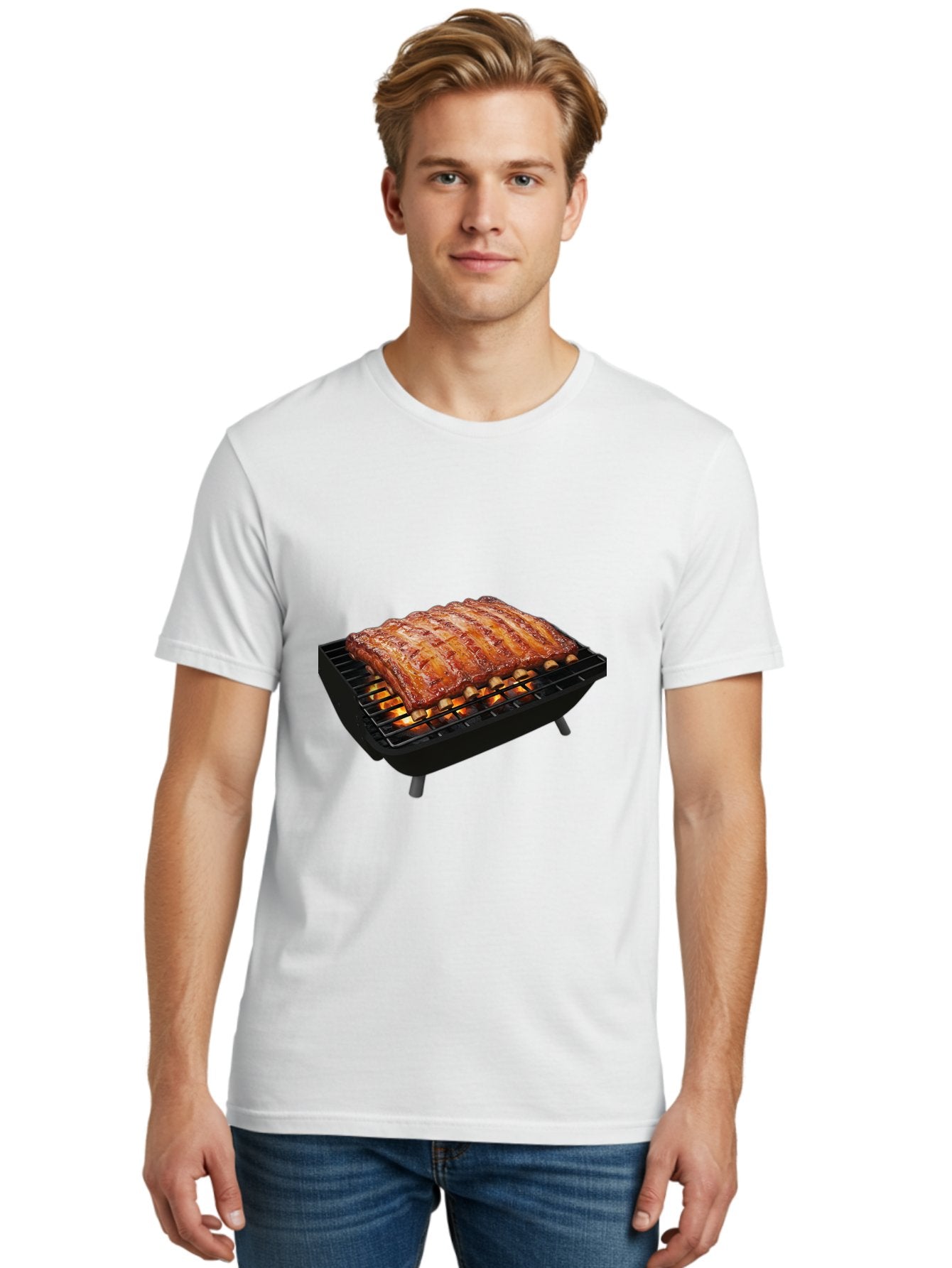 Barbecue-Ribs Men'S Graphic Tee, 100% Cotton, Comfortable Casual Summer Wear, Machine Washable, Barbecue Ribs, Grilled Meat, Barbecue Sauce, Outdoor Cooking, Flame Grilled, Gourmet Food, Delicious Ribs, Tender Meat Bab663 21