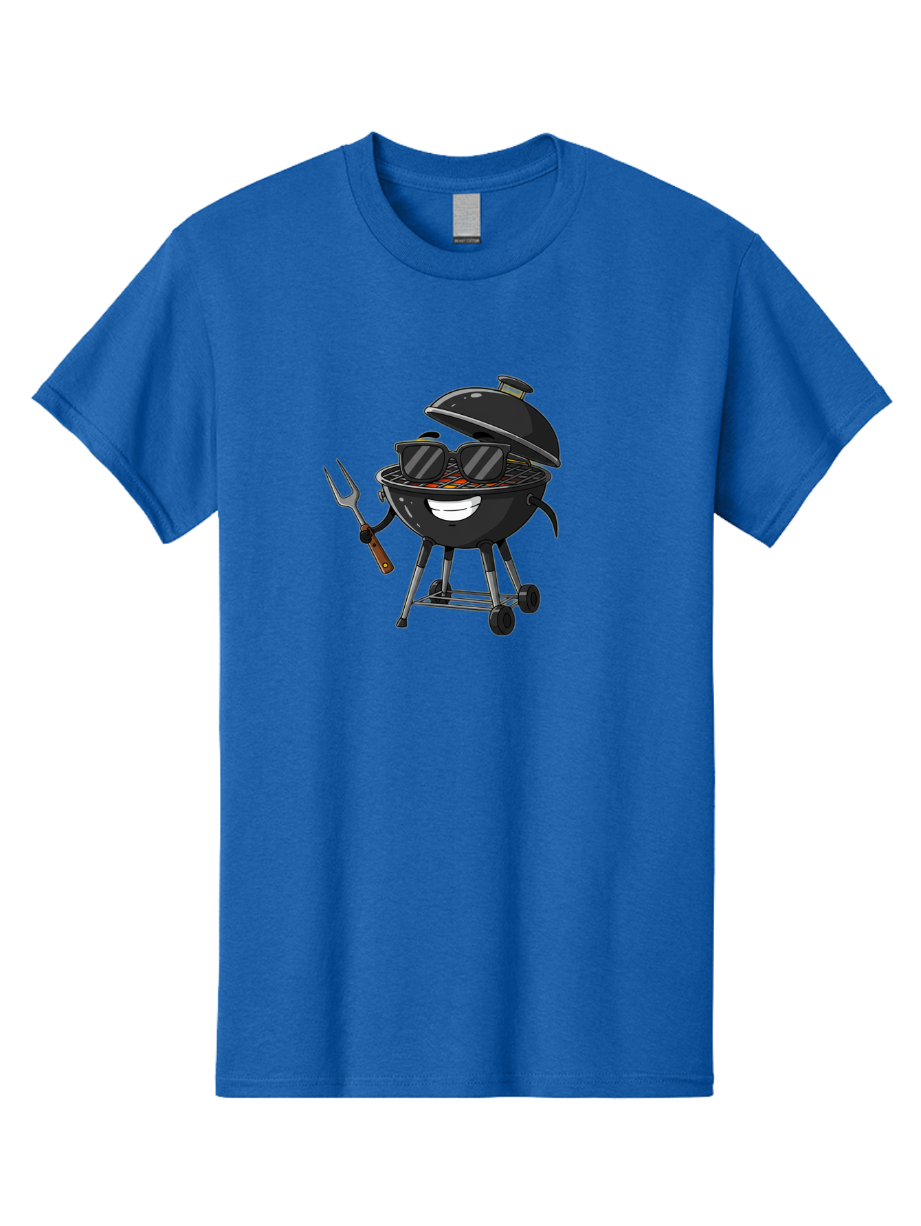 Bbq-Grill-With-Sunglasses Men'S Graphic Tee, 100% Cotton, Comfortable Casual Summer Wear, Machine Washable, Barbecue Grill, Sunglasses On Grill, Fork In Hand, Smiling Grill, Cartoon Character, Bbq Accessories, Outdoor Cooking, Summer Vibes, Bab672