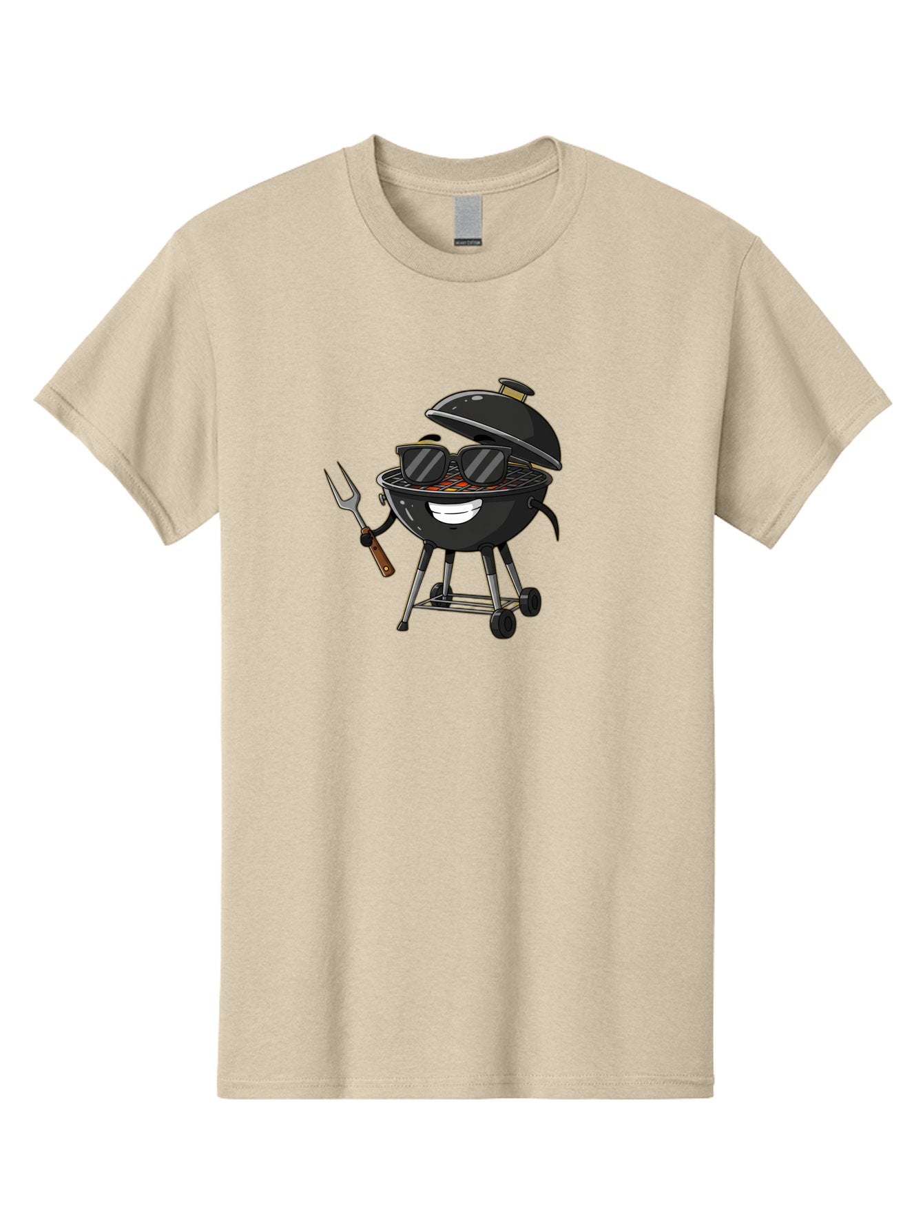 Bbq-Grill-With-Sunglasses Men'S Graphic Tee, 100% Cotton, Comfortable Casual Summer Wear, Machine Washable, Barbecue Grill, Sunglasses On Grill, Fork In Hand, Smiling Grill, Cartoon Character, Bbq Accessories, Outdoor Cooking, Summer Vibes, Bab672 9