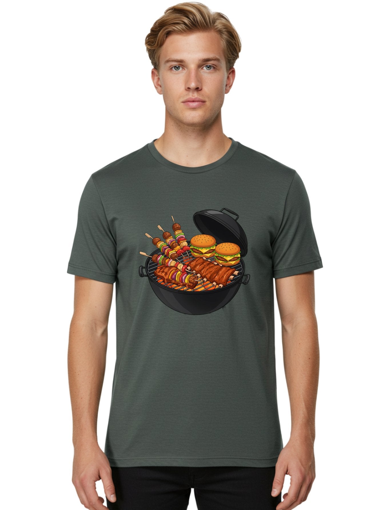 Bbq-Grilling Men'S Graphic Tee, 100% Cotton, Comfortable Casual Summer Wear, Machine Washable, Barbecue Grill, Grilled Food, Skewers, Hamburgers, Barbecue Ribs, Summer Cooking, Outdoor Dining, Grilled Cuisine, Barbecue Party, Savory Delights Bab674 24