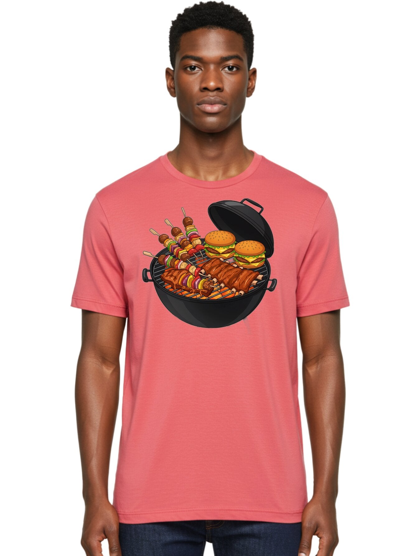 Bbq-Grilling Men'S Graphic Tee, 100% Cotton, Comfortable Casual Summer Wear, Machine Washable, Barbecue Grill, Grilled Food, Skewers, Hamburgers, Barbecue Ribs, Summer Cooking, Outdoor Dining, Grilled Cuisine, Barbecue Party, Savory Delights Bab674 25