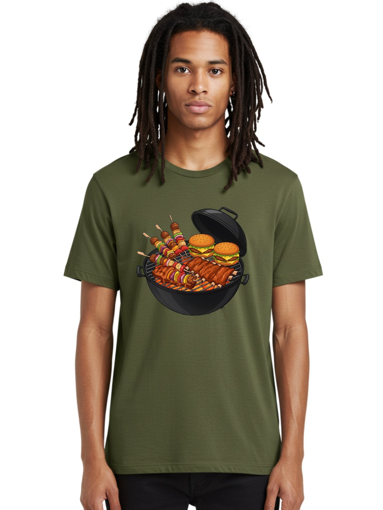 Bbq-Grilling Men'S Graphic Tee, 100% Cotton, Comfortable Casual Summer Wear, Machine Washable, Barbecue Grill, Grilled Food, Skewers, Hamburgers, Barbecue Ribs, Summer Cooking, Outdoor Dining, Grilled Cuisine, Barbecue Party, Savory Delights Bab674 28