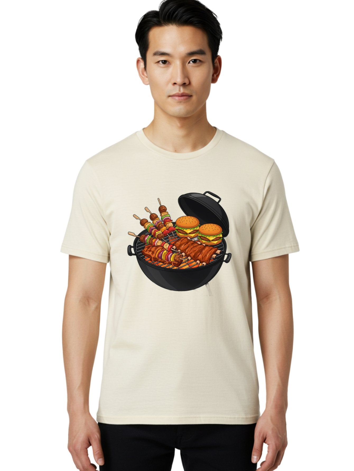 Bbq-Grilling Men'S Graphic Tee, 100% Cotton, Comfortable Casual Summer Wear, Machine Washable, Barbecue Grill, Grilled Food, Skewers, Hamburgers, Barbecue Ribs, Summer Cooking, Outdoor Dining, Grilled Cuisine, Barbecue Party, Savory Delights Bab674 18