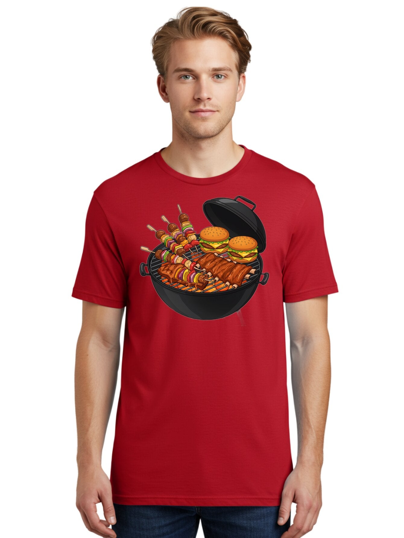 Bbq-Grilling Men'S Graphic Tee, 100% Cotton, Comfortable Casual Summer Wear, Machine Washable, Barbecue Grill, Grilled Food, Skewers, Hamburgers, Barbecue Ribs, Summer Cooking, Outdoor Dining, Grilled Cuisine, Barbecue Party, Savory Delights Bab674 30
