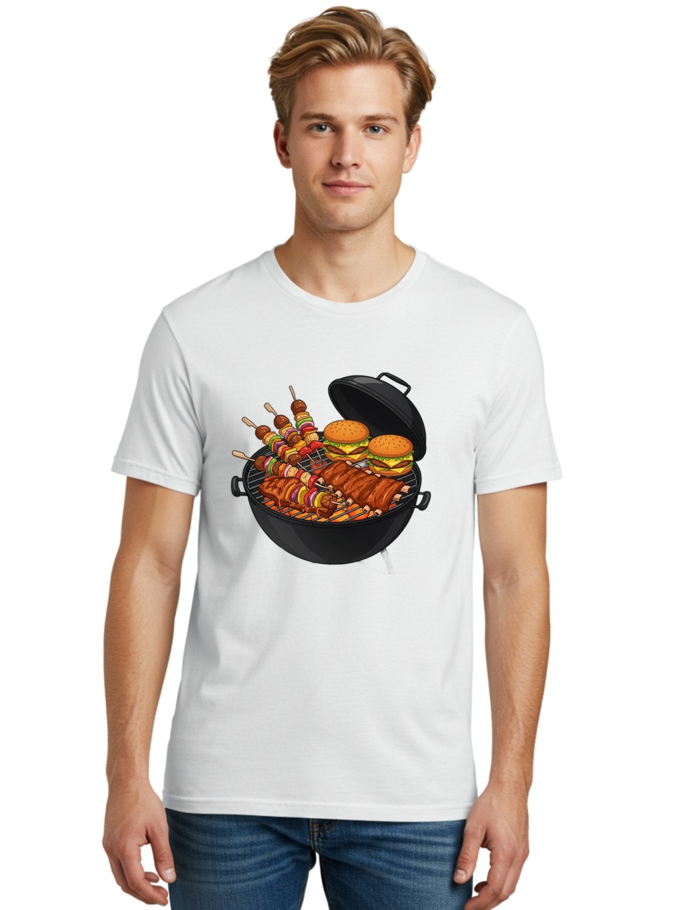 Bbq-Grilling Men'S Graphic Tee, 100% Cotton, Comfortable Casual Summer Wear, Machine Washable, Barbecue Grill, Grilled Food, Skewers, Hamburgers, Barbecue Ribs, Summer Cooking, Outdoor Dining, Grilled Cuisine, Barbecue Party, Savory Delights Bab674 19