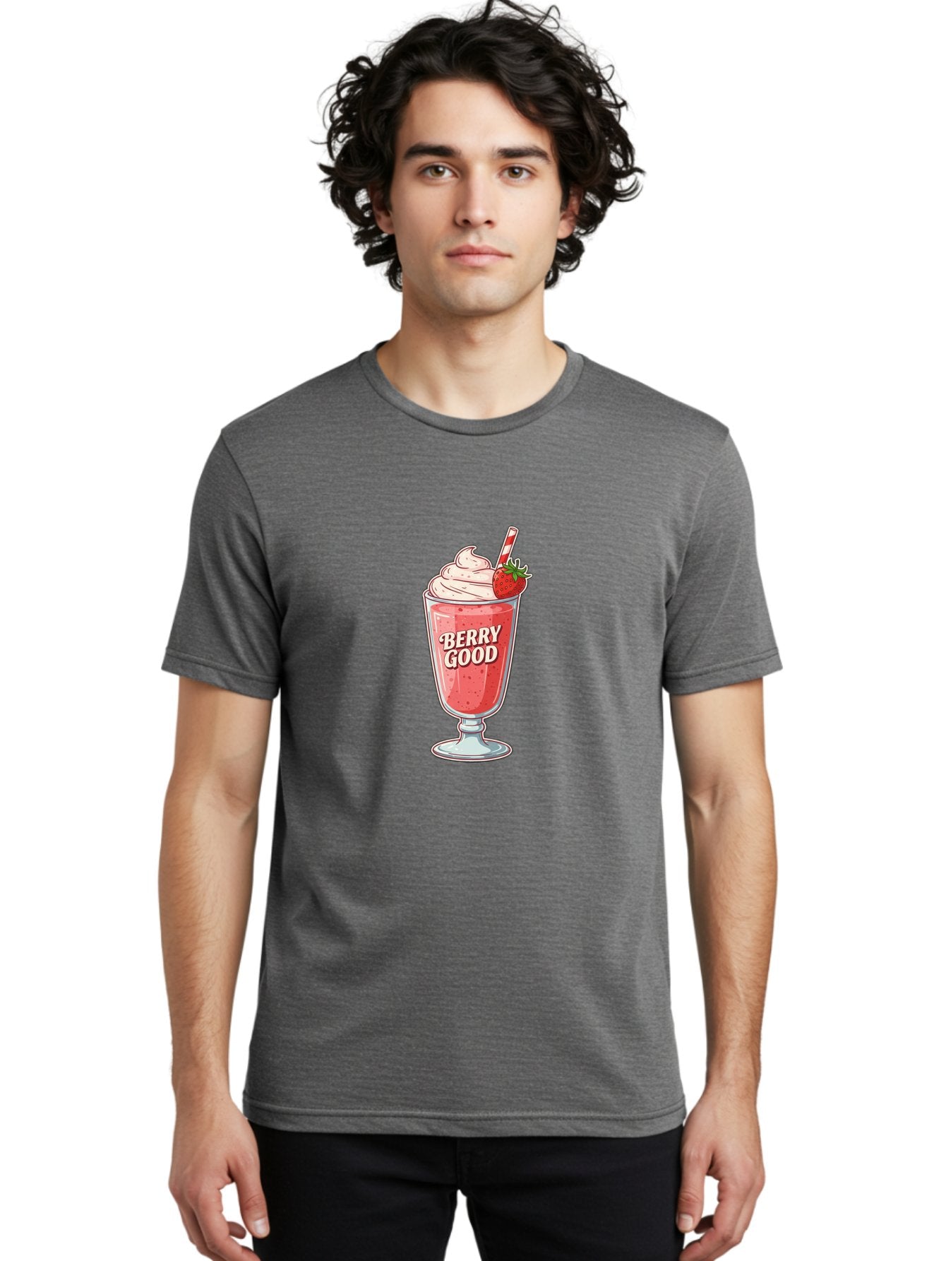 Berry-Good-1 Men'S Graphic Tee, 100% Cotton, Comfortable Casual Summer Wear, Machine Washable, Strawberry Milkshake, Whipped Cream Topping, Red And White Straw, Sweet Treat, Refreshing Drink, Strawberry Flavor, Dessert Illustration, Bab676 25