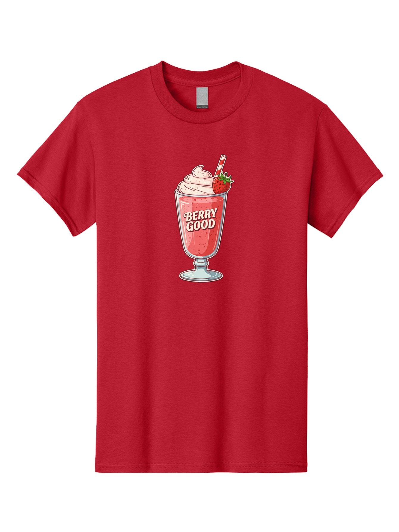 Berry-Good-1 Men'S Graphic Tee, 100% Cotton, Comfortable Casual Summer Wear, Machine Washable, Strawberry Milkshake, Whipped Cream Topping, Red And White Straw, Sweet Treat, Refreshing Drink, Strawberry Flavor, Dessert Illustration, Bab676