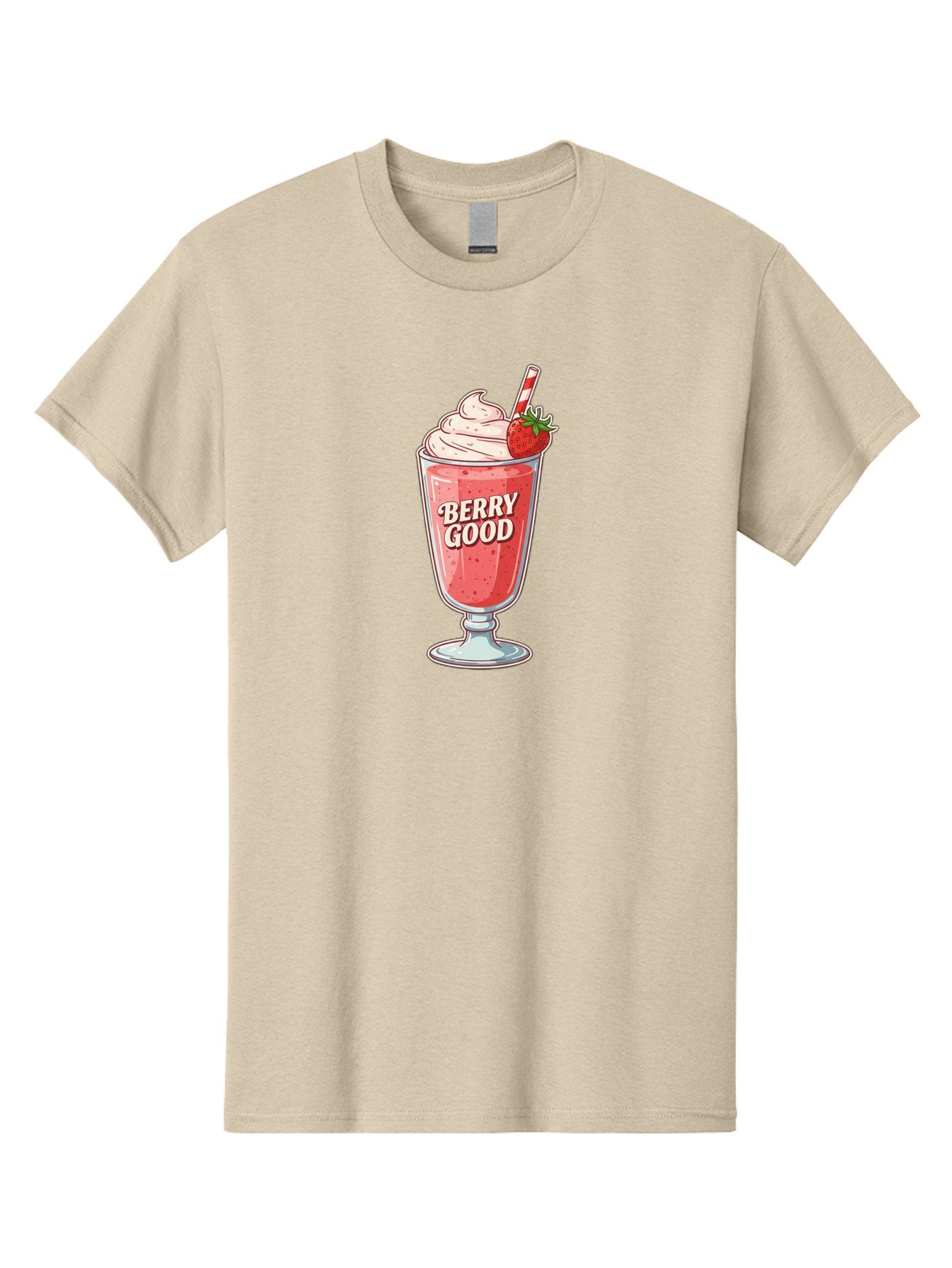 Berry-Good-1 Men'S Graphic Tee, 100% Cotton, Comfortable Casual Summer Wear, Machine Washable, Strawberry Milkshake, Whipped Cream Topping, Red And White Straw, Sweet Treat, Refreshing Drink, Strawberry Flavor, Dessert Illustration, Bab676 5