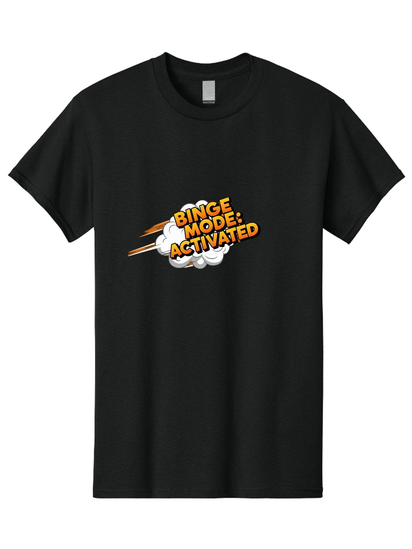 Binge-Mode-Activated-3 Men'S Graphic Tee, 100% Cotton, Comfortable Casual Summer Wear, Machine Washable, Binge Mode: Activated, Comic Book Style, Cartoon Text, Orange Font, Dynamic Motion, White Cloud, Humorous Phrase, Entertainment Mode, Bab681 7