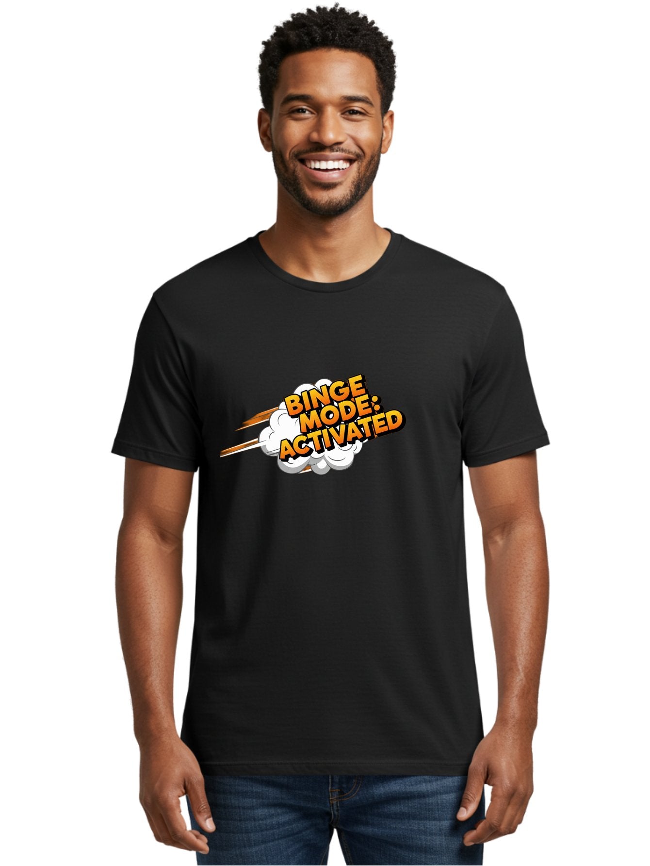 Binge-Mode-Activated-3 Men'S Graphic Tee, 100% Cotton, Comfortable Casual Summer Wear, Machine Washable, Binge Mode: Activated, Comic Book Style, Cartoon Text, Orange Font, Dynamic Motion, White Cloud, Humorous Phrase, Entertainment Mode, Bab681 16