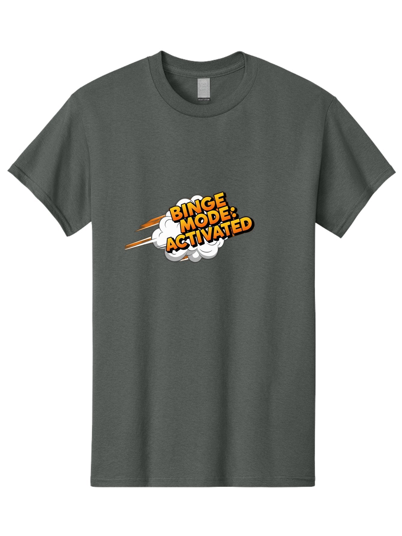 Binge-Mode-Activated-3 Men'S Graphic Tee, 100% Cotton, Comfortable Casual Summer Wear, Machine Washable, Binge Mode: Activated, Comic Book Style, Cartoon Text, Orange Font, Dynamic Motion, White Cloud, Humorous Phrase, Entertainment Mode, Bab681 13