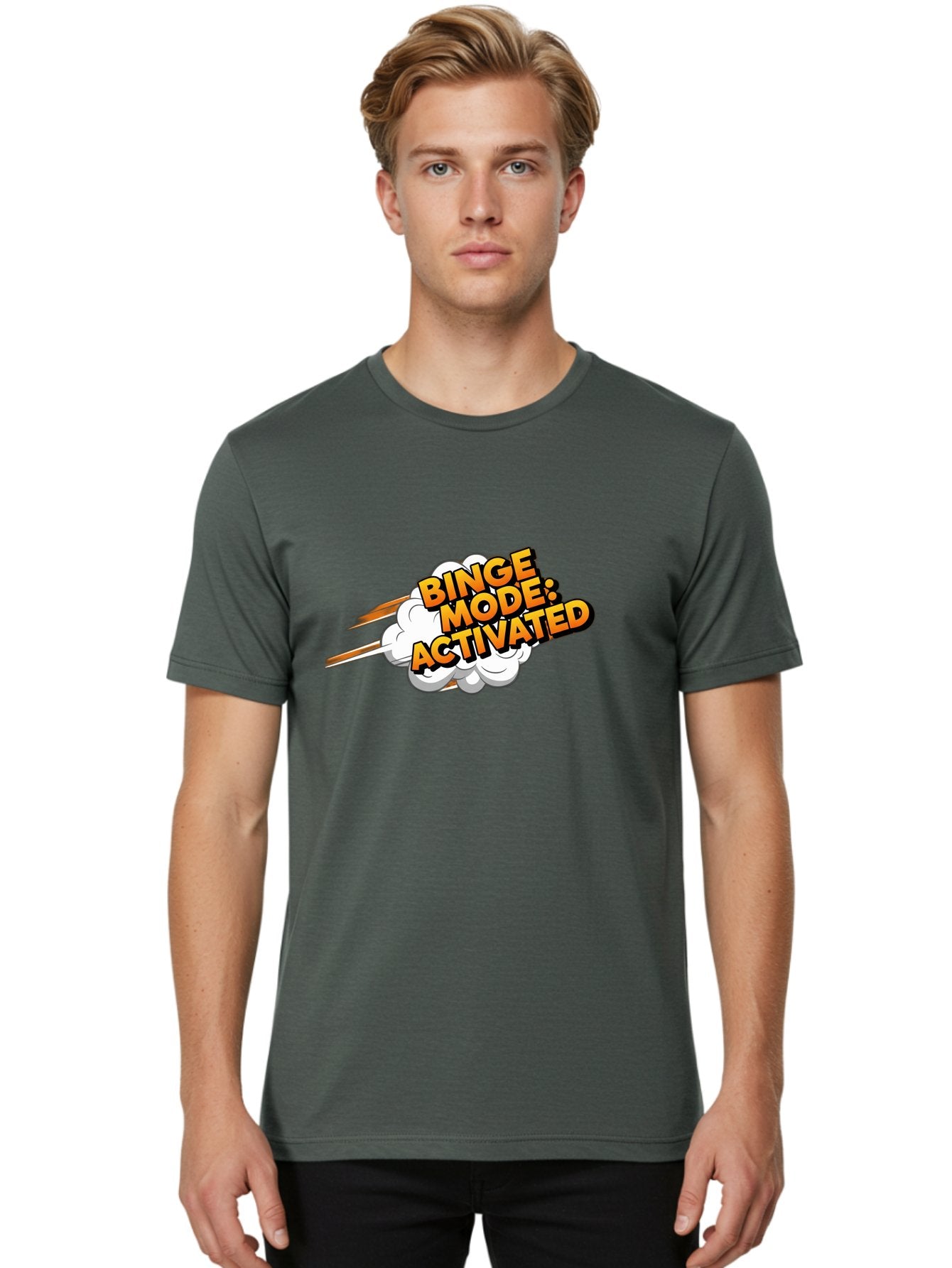 Binge-Mode-Activated-3 Men'S Graphic Tee, 100% Cotton, Comfortable Casual Summer Wear, Machine Washable, Binge Mode: Activated, Comic Book Style, Cartoon Text, Orange Font, Dynamic Motion, White Cloud, Humorous Phrase, Entertainment Mode, Bab681 20