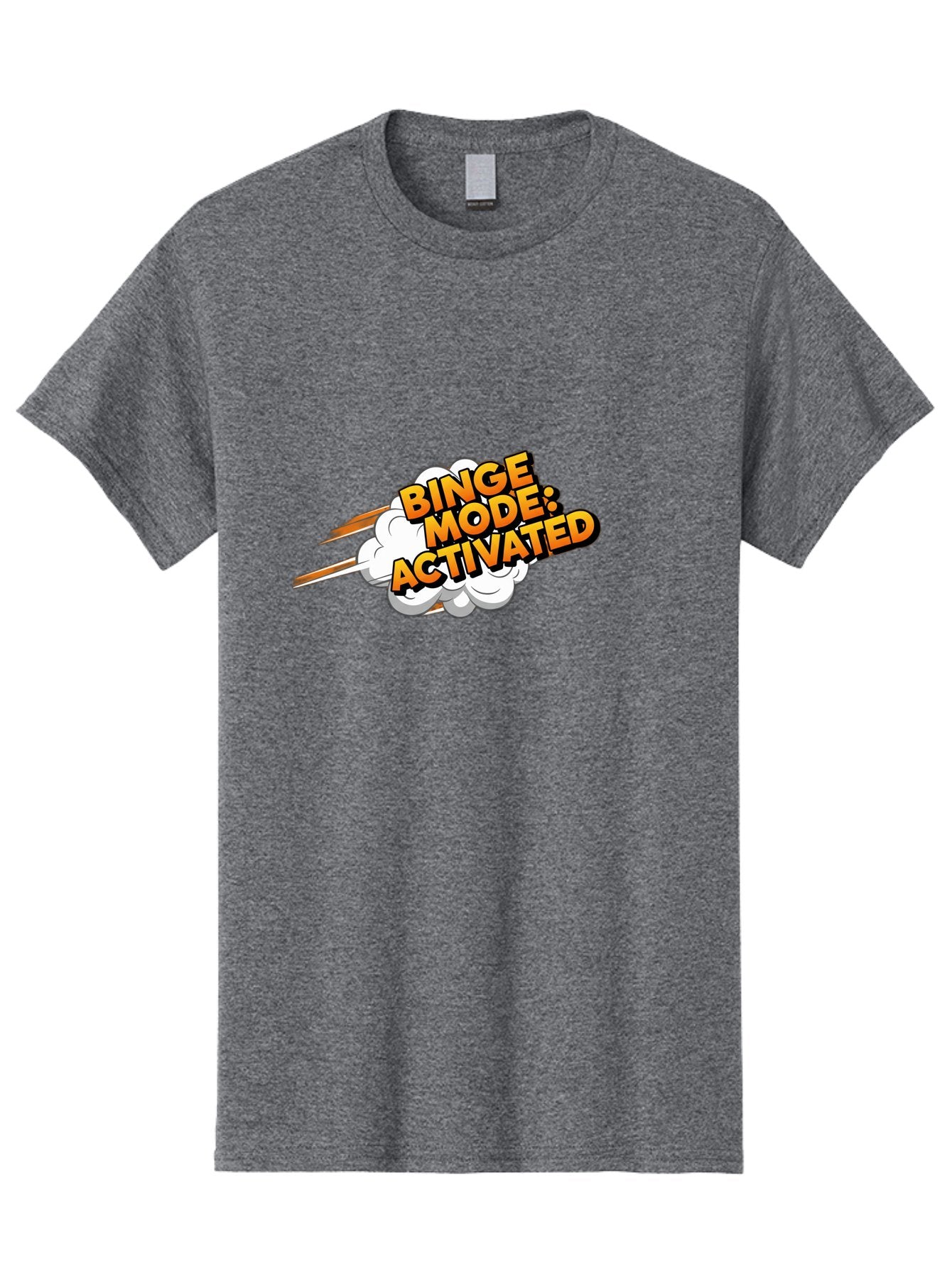Binge-Mode-Activated-3 Men'S Graphic Tee, 100% Cotton, Comfortable Casual Summer Wear, Machine Washable, Binge Mode: Activated, Comic Book Style, Cartoon Text, Orange Font, Dynamic Motion, White Cloud, Humorous Phrase, Entertainment Mode, Bab681