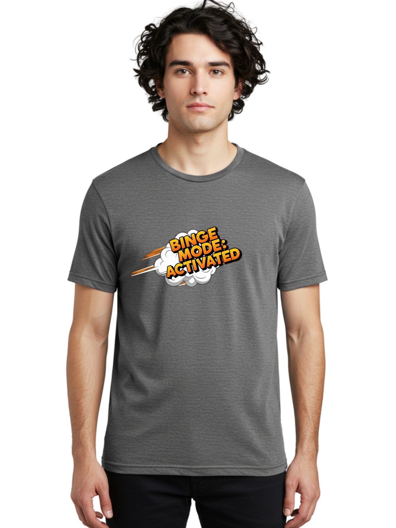 Binge-Mode-Activated-3 Men'S Graphic Tee, 100% Cotton, Comfortable Casual Summer Wear, Machine Washable, Binge Mode: Activated, Comic Book Style, Cartoon Text, Orange Font, Dynamic Motion, White Cloud, Humorous Phrase, Entertainment Mode, Bab681 21