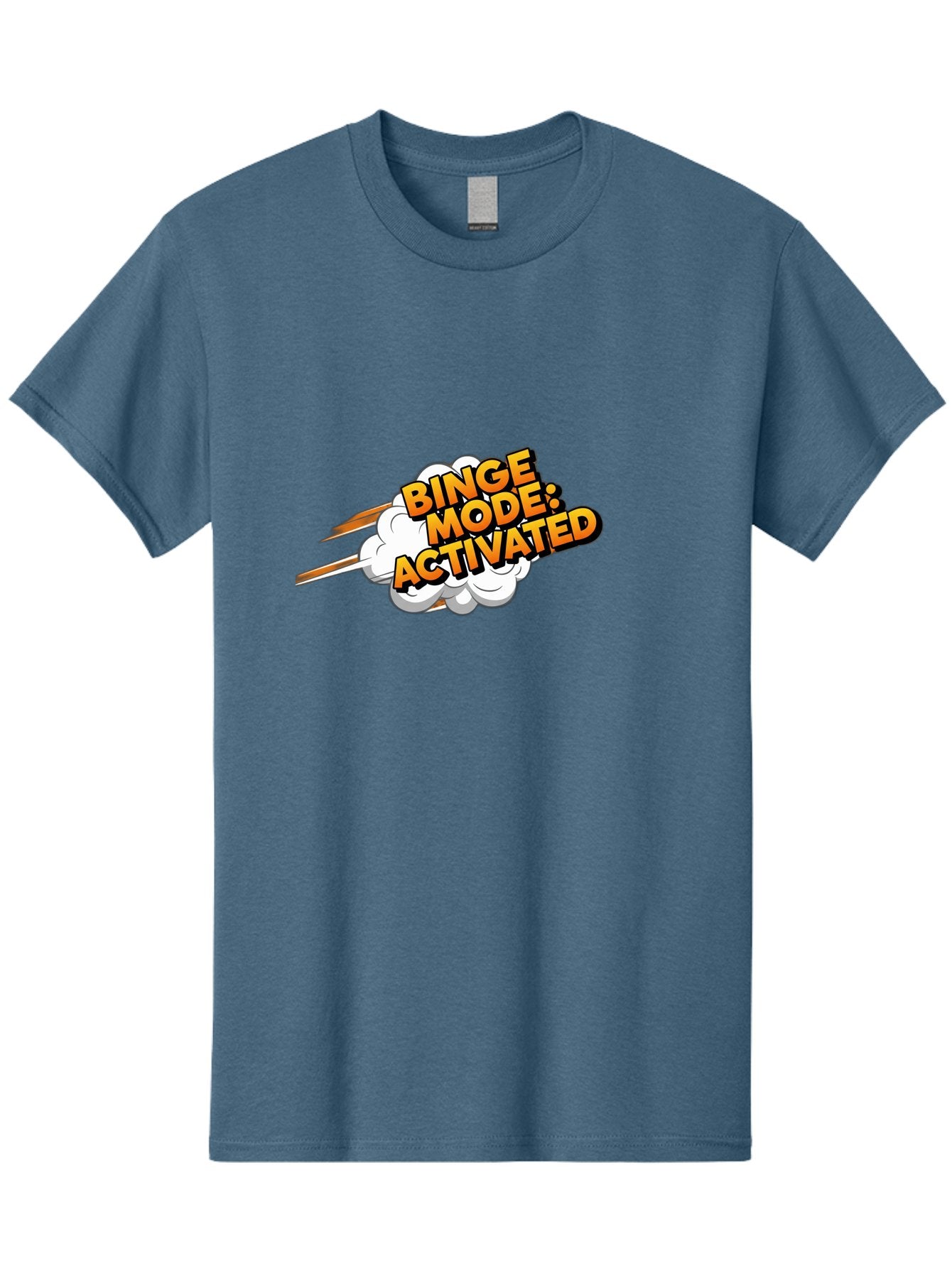 Binge-Mode-Activated-3 Men'S Graphic Tee, 100% Cotton, Comfortable Casual Summer Wear, Machine Washable, Binge Mode: Activated, Comic Book Style, Cartoon Text, Orange Font, Dynamic Motion, White Cloud, Humorous Phrase, Entertainment Mode, Bab681 14