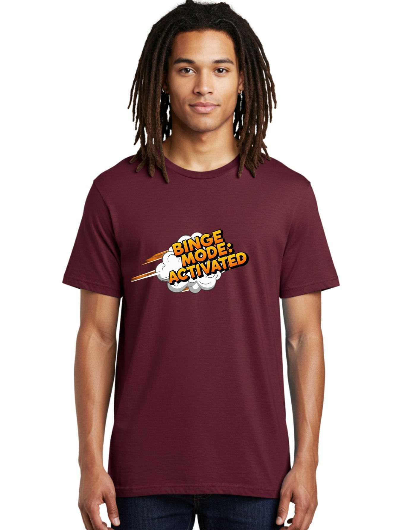 Binge-Mode-Activated-3 Men'S Graphic Tee, 100% Cotton, Comfortable Casual Summer Wear, Machine Washable, Binge Mode: Activated, Comic Book Style, Cartoon Text, Orange Font, Dynamic Motion, White Cloud, Humorous Phrase, Entertainment Mode, Bab681 17