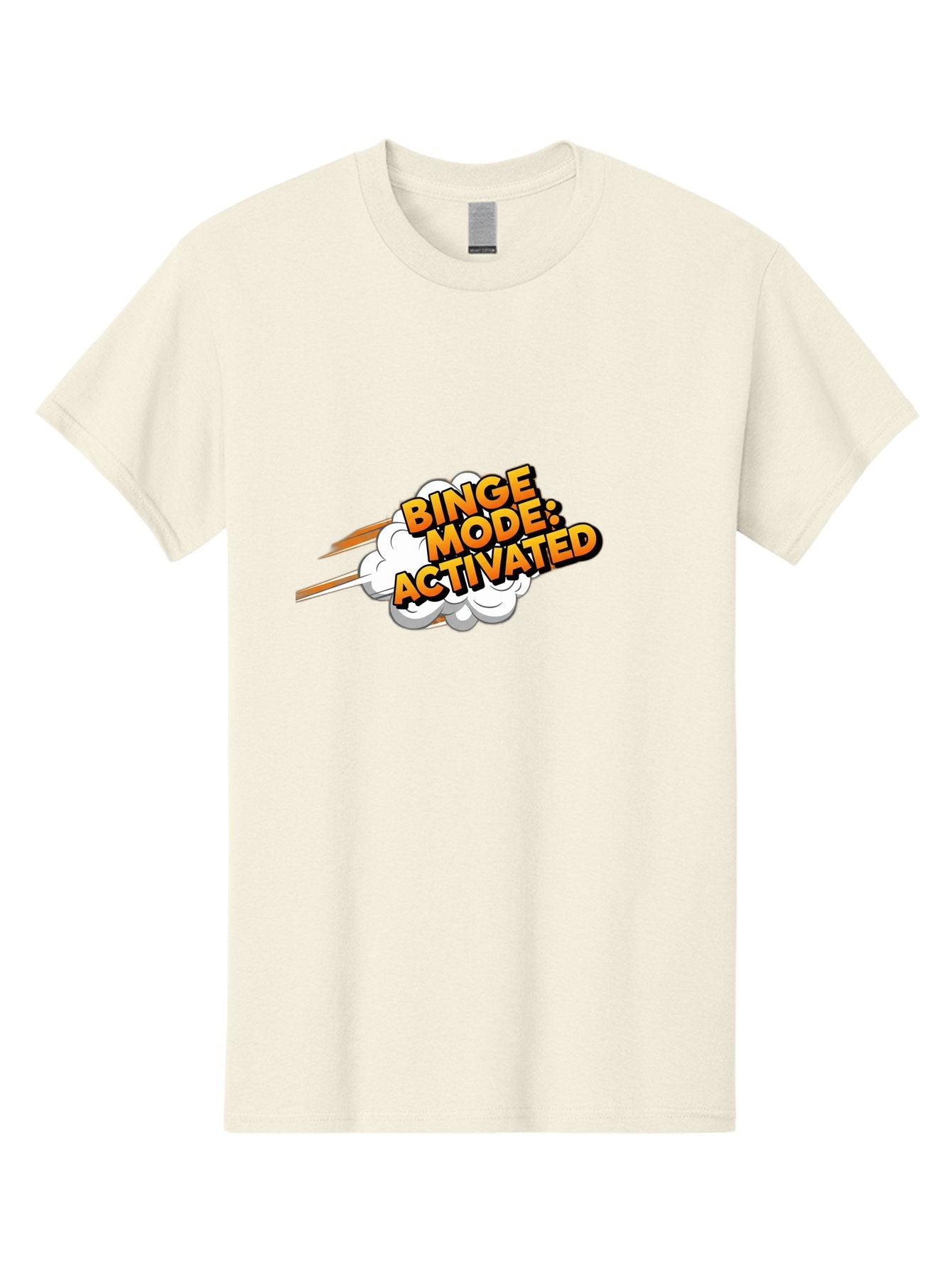 Binge-Mode-Activated-3 Men'S Graphic Tee, 100% Cotton, Comfortable Casual Summer Wear, Machine Washable, Binge Mode: Activated, Comic Book Style, Cartoon Text, Orange Font, Dynamic Motion, White Cloud, Humorous Phrase, Entertainment Mode, Bab681 9