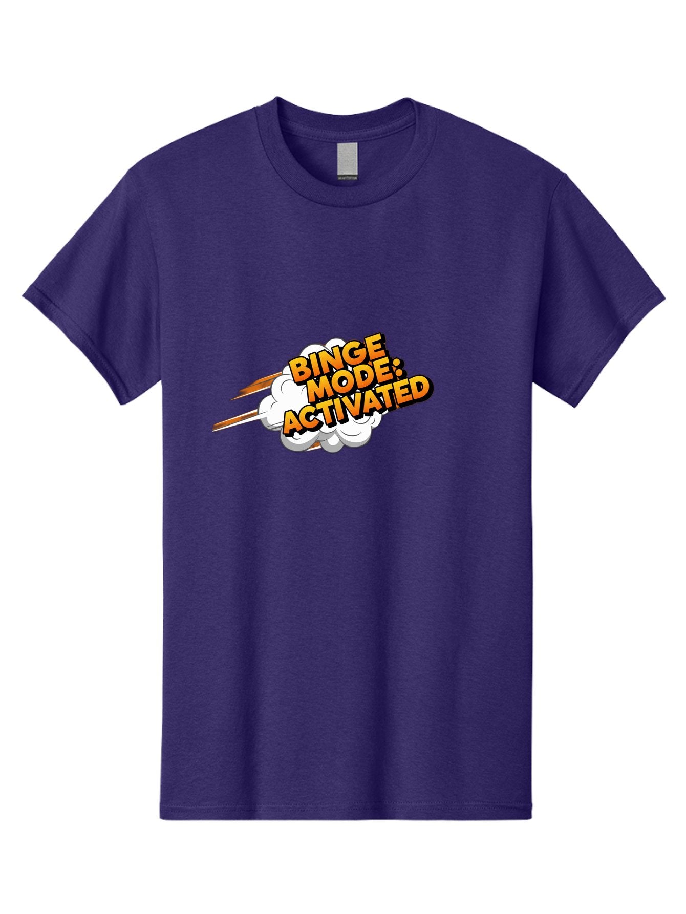 Binge-Mode-Activated-3 Men'S Graphic Tee, 100% Cotton, Comfortable Casual Summer Wear, Machine Washable, Binge Mode: Activated, Comic Book Style, Cartoon Text, Orange Font, Dynamic Motion, White Cloud, Humorous Phrase, Entertainment Mode, Bab681 3