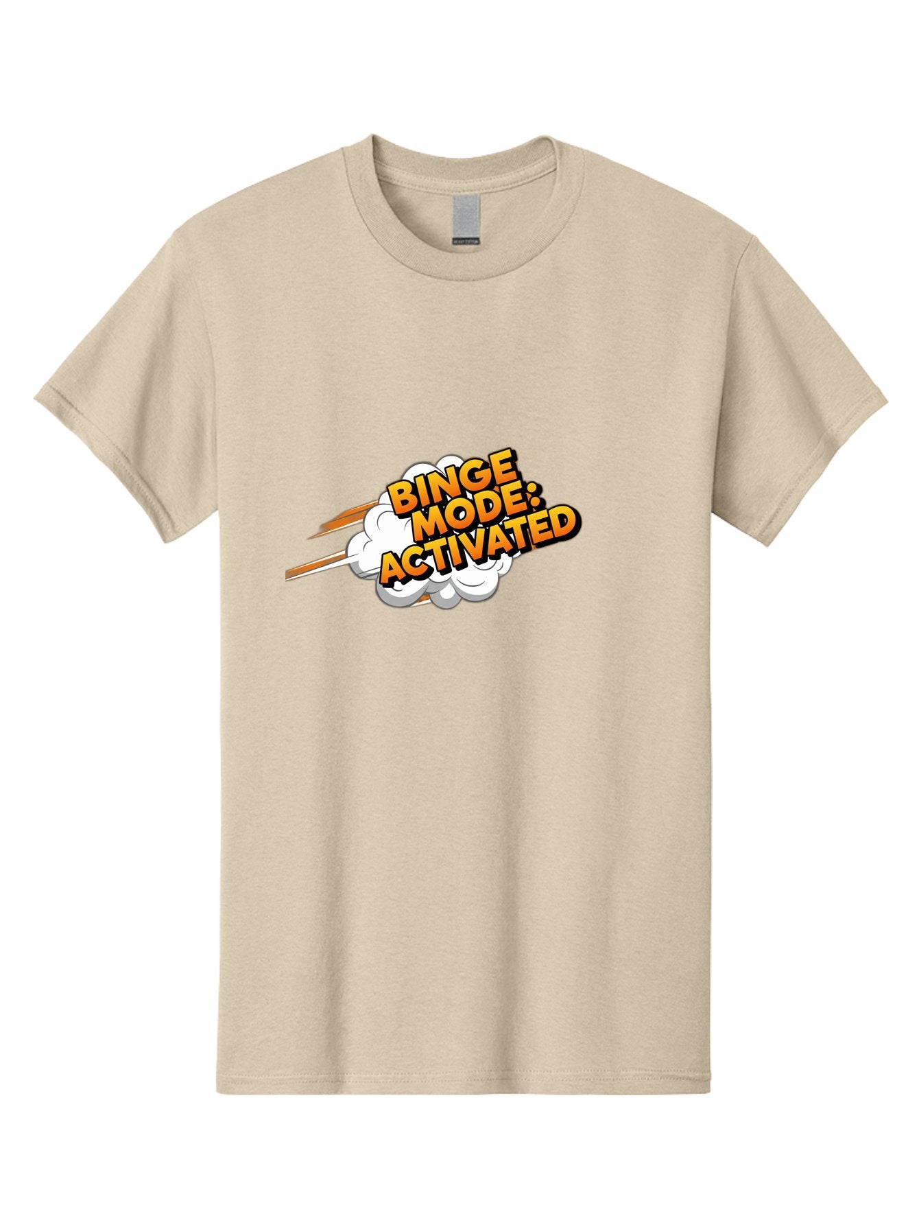 Binge-Mode-Activated-3 Men'S Graphic Tee, 100% Cotton, Comfortable Casual Summer Wear, Machine Washable, Binge Mode: Activated, Comic Book Style, Cartoon Text, Orange Font, Dynamic Motion, White Cloud, Humorous Phrase, Entertainment Mode, Bab681 11