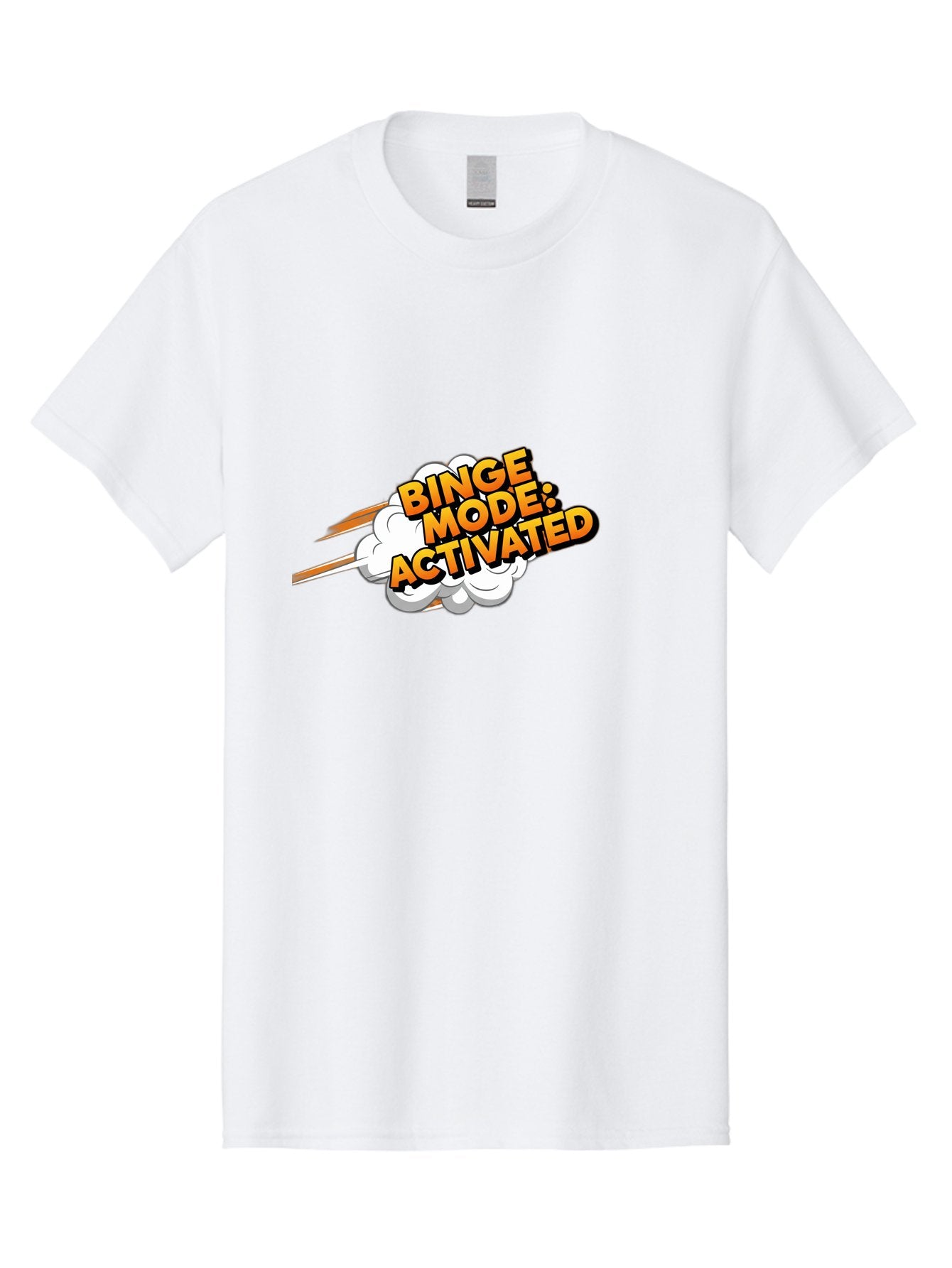 Binge-Mode-Activated-3 Men'S Graphic Tee, 100% Cotton, Comfortable Casual Summer Wear, Machine Washable, Binge Mode: Activated, Comic Book Style, Cartoon Text, Orange Font, Dynamic Motion, White Cloud, Humorous Phrase, Entertainment Mode, Bab681 5