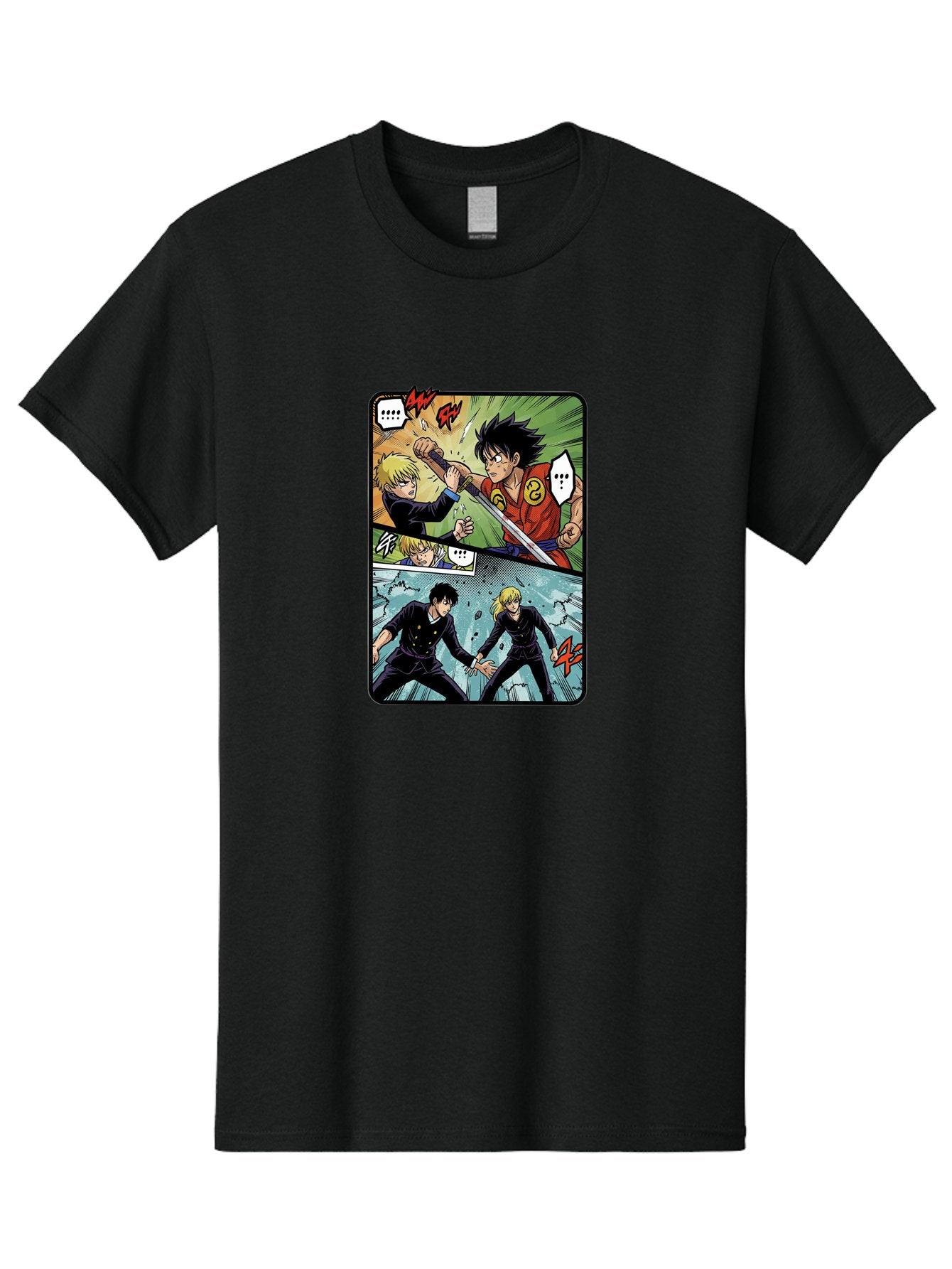 Black-And-Blonde-Anime-Boys-Fighting Men'S Graphic Tee, 100% Cotton, Comfortable Casual Summer Wear, Machine Washable, Anime Comic Strip, Action Scene, Asta And Licht Fight, Dramatic Poses, Dynamic Movement, Intense Battle, Manga Style, Bab683 15