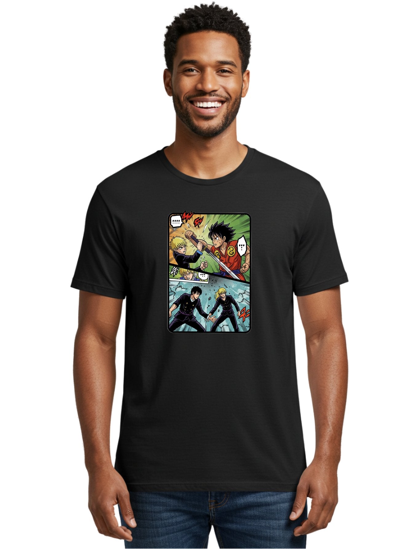 Black-And-Blonde-Anime-Boys-Fighting Men'S Graphic Tee, 100% Cotton, Comfortable Casual Summer Wear, Machine Washable, Anime Comic Strip, Action Scene, Asta And Licht Fight, Dramatic Poses, Dynamic Movement, Intense Battle, Manga Style, Bab683 30