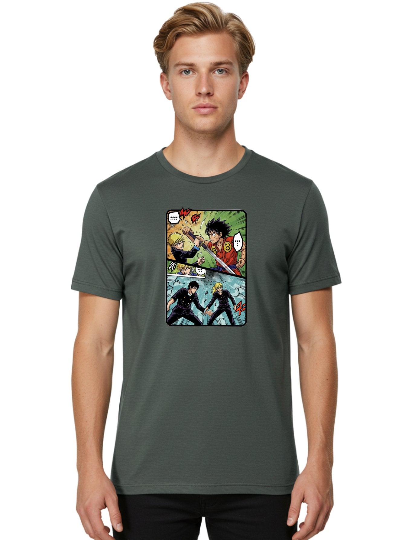 Black-And-Blonde-Anime-Boys-Fighting Men'S Graphic Tee, 100% Cotton, Comfortable Casual Summer Wear, Machine Washable, Anime Comic Strip, Action Scene, Asta And Licht Fight, Dramatic Poses, Dynamic Movement, Intense Battle, Manga Style, Bab683 29