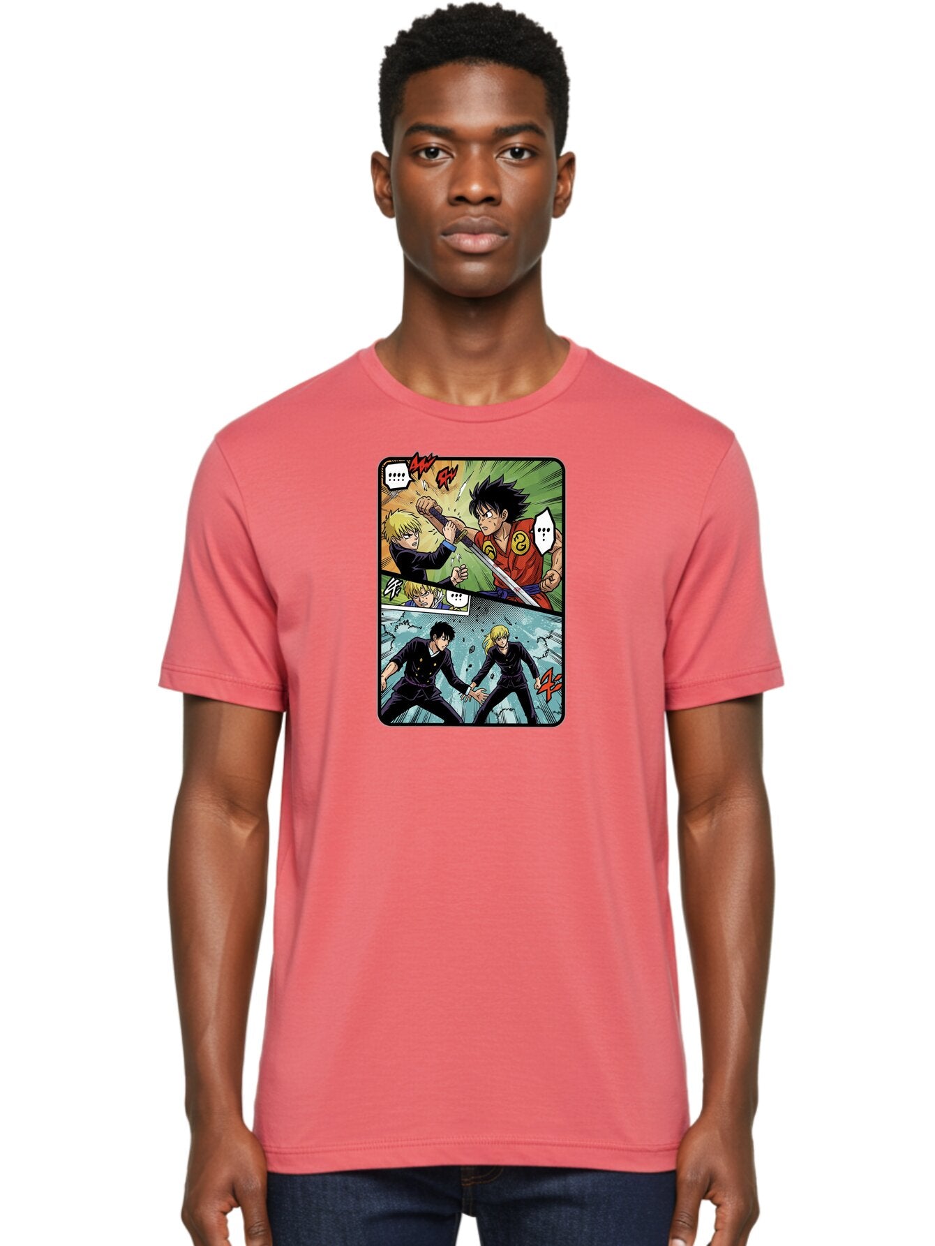 Black-And-Blonde-Anime-Boys-Fighting Men'S Graphic Tee, 100% Cotton, Comfortable Casual Summer Wear, Machine Washable, Anime Comic Strip, Action Scene, Asta And Licht Fight, Dramatic Poses, Dynamic Movement, Intense Battle, Manga Style, Bab683 22