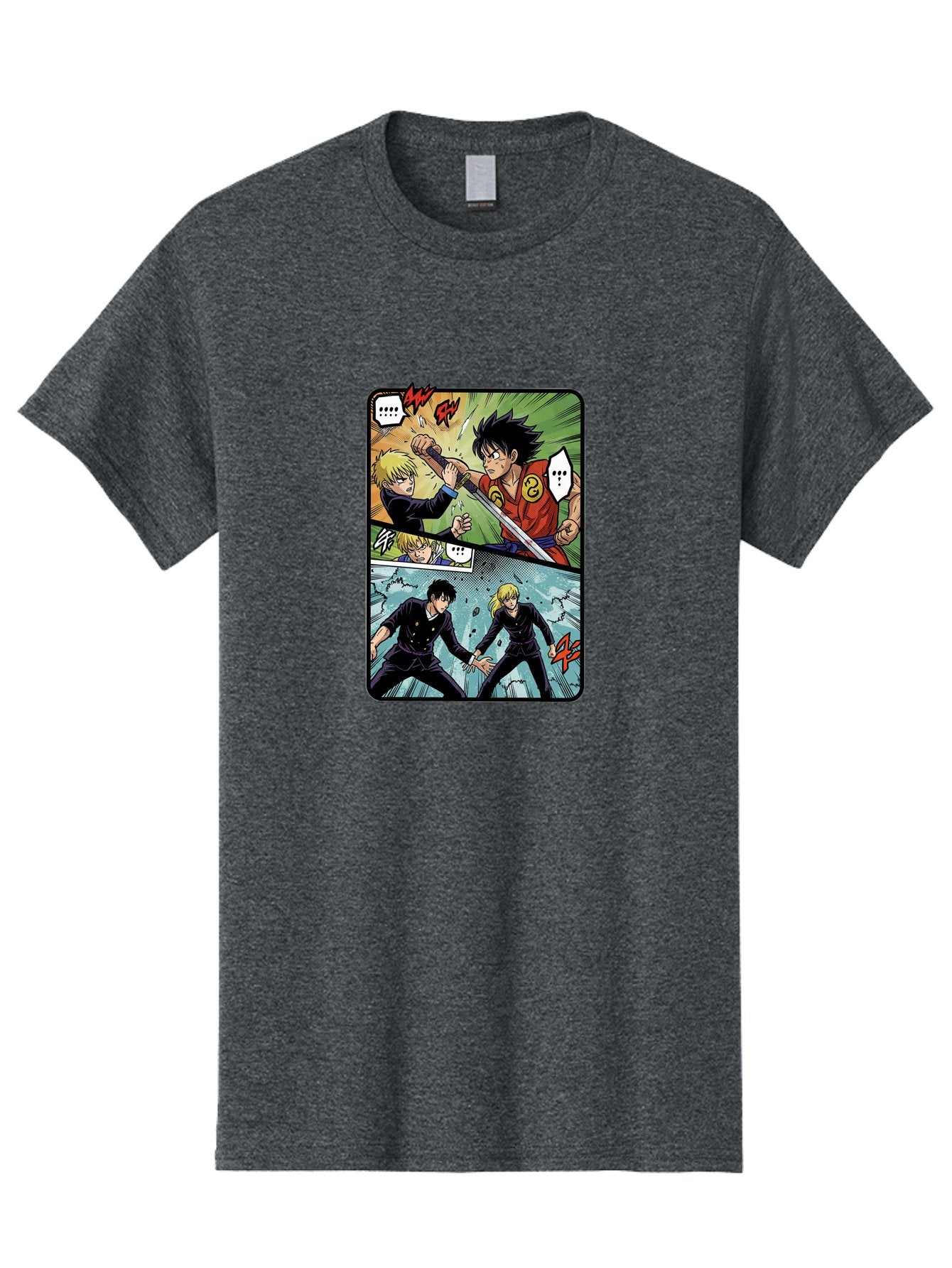 Black-And-Blonde-Anime-Boys-Fighting Men'S Graphic Tee, 100% Cotton, Comfortable Casual Summer Wear, Machine Washable, Anime Comic Strip, Action Scene, Asta And Licht Fight, Dramatic Poses, Dynamic Movement, Intense Battle, Manga Style, Bab683 12