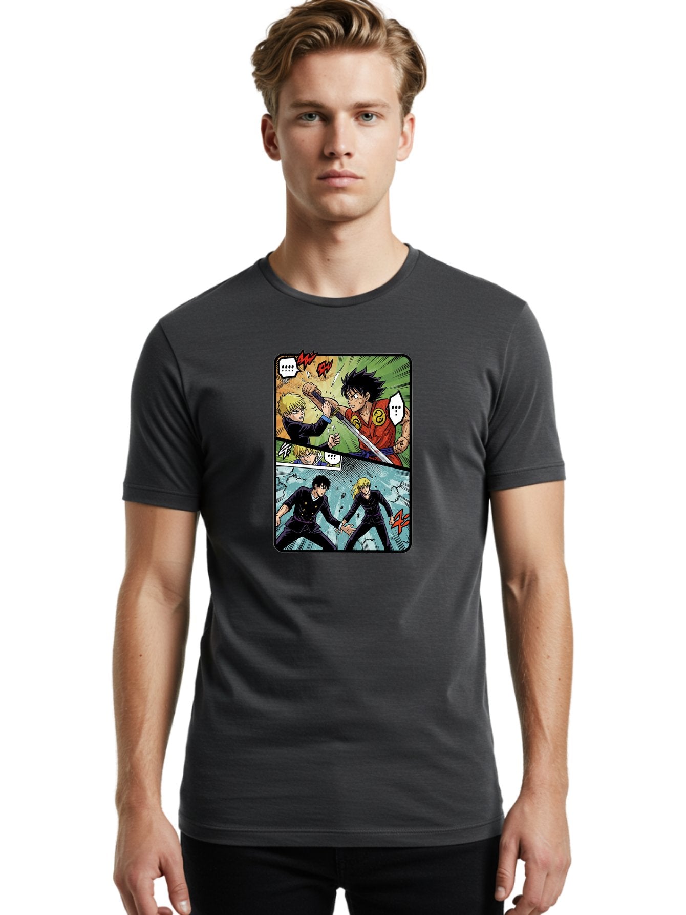 Black-And-Blonde-Anime-Boys-Fighting Men'S Graphic Tee, 100% Cotton, Comfortable Casual Summer Wear, Machine Washable, Anime Comic Strip, Action Scene, Asta And Licht Fight, Dramatic Poses, Dynamic Movement, Intense Battle, Manga Style, Bab683 28