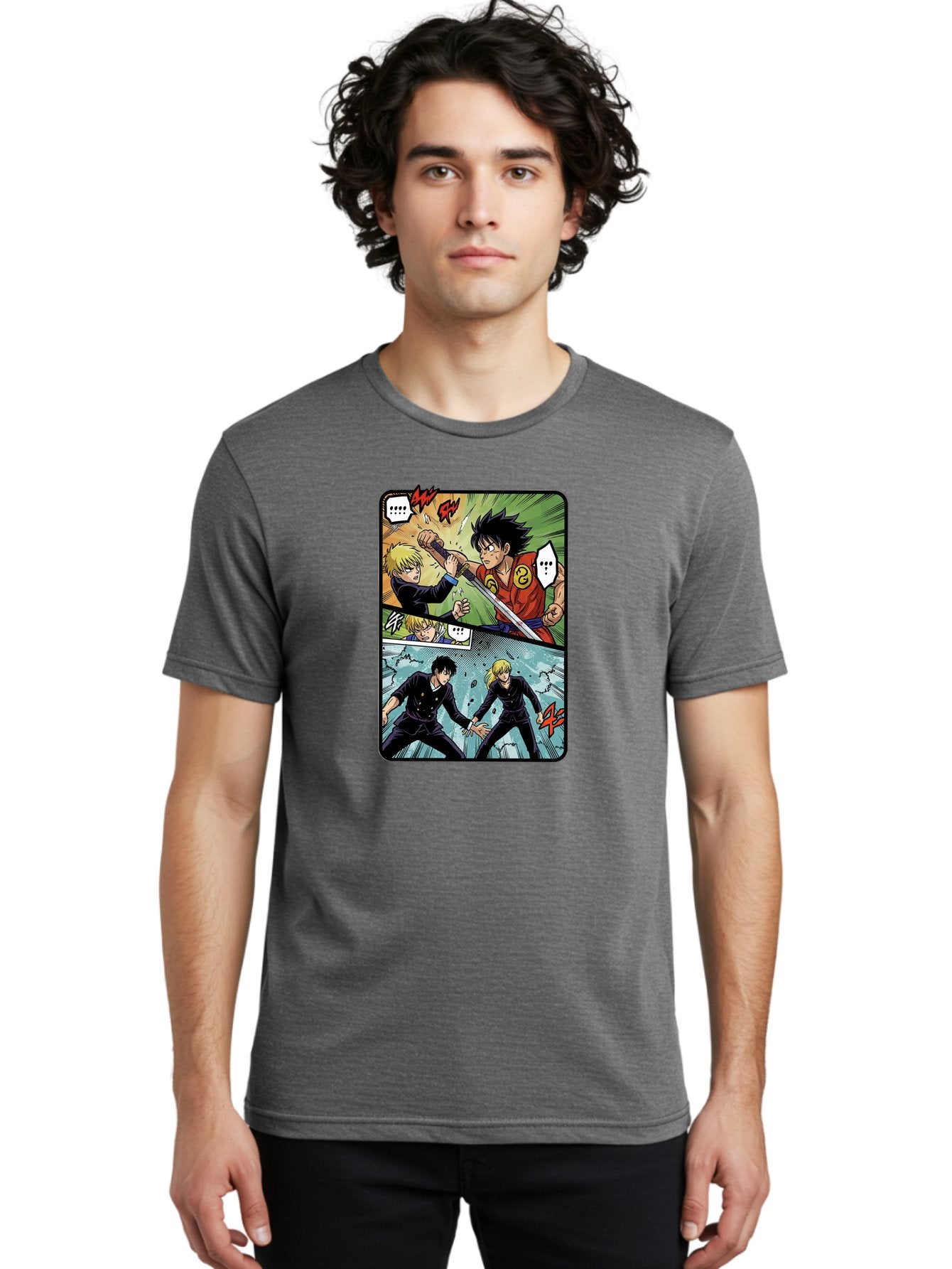 Black-And-Blonde-Anime-Boys-Fighting Men'S Graphic Tee, 100% Cotton, Comfortable Casual Summer Wear, Machine Washable, Anime Comic Strip, Action Scene, Asta And Licht Fight, Dramatic Poses, Dynamic Movement, Intense Battle, Manga Style, Bab683 24