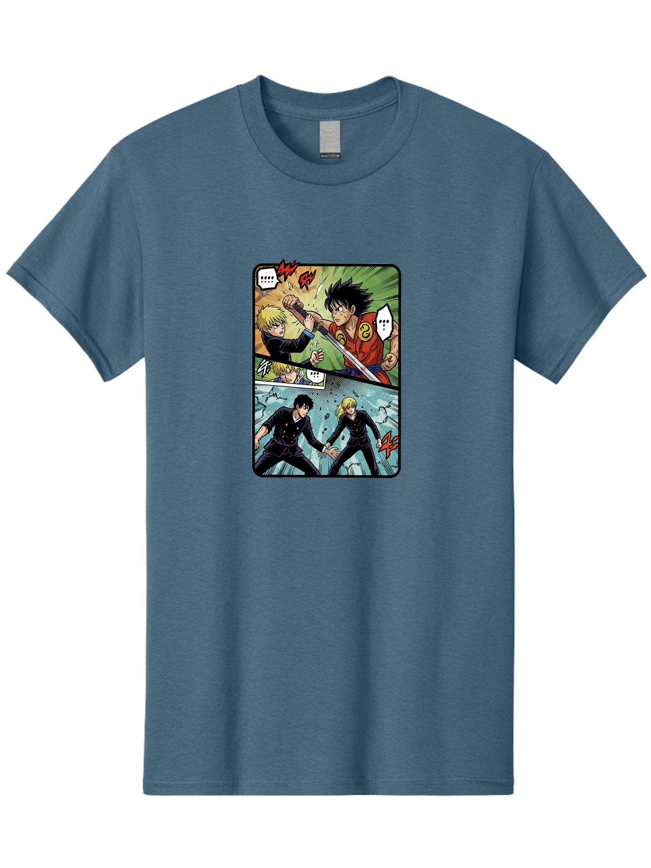 Black-And-Blonde-Anime-Boys-Fighting Men'S Graphic Tee, 100% Cotton, Comfortable Casual Summer Wear, Machine Washable, Anime Comic Strip, Action Scene, Asta And Licht Fight, Dramatic Poses, Dynamic Movement, Intense Battle, Manga Style, Bab683 9