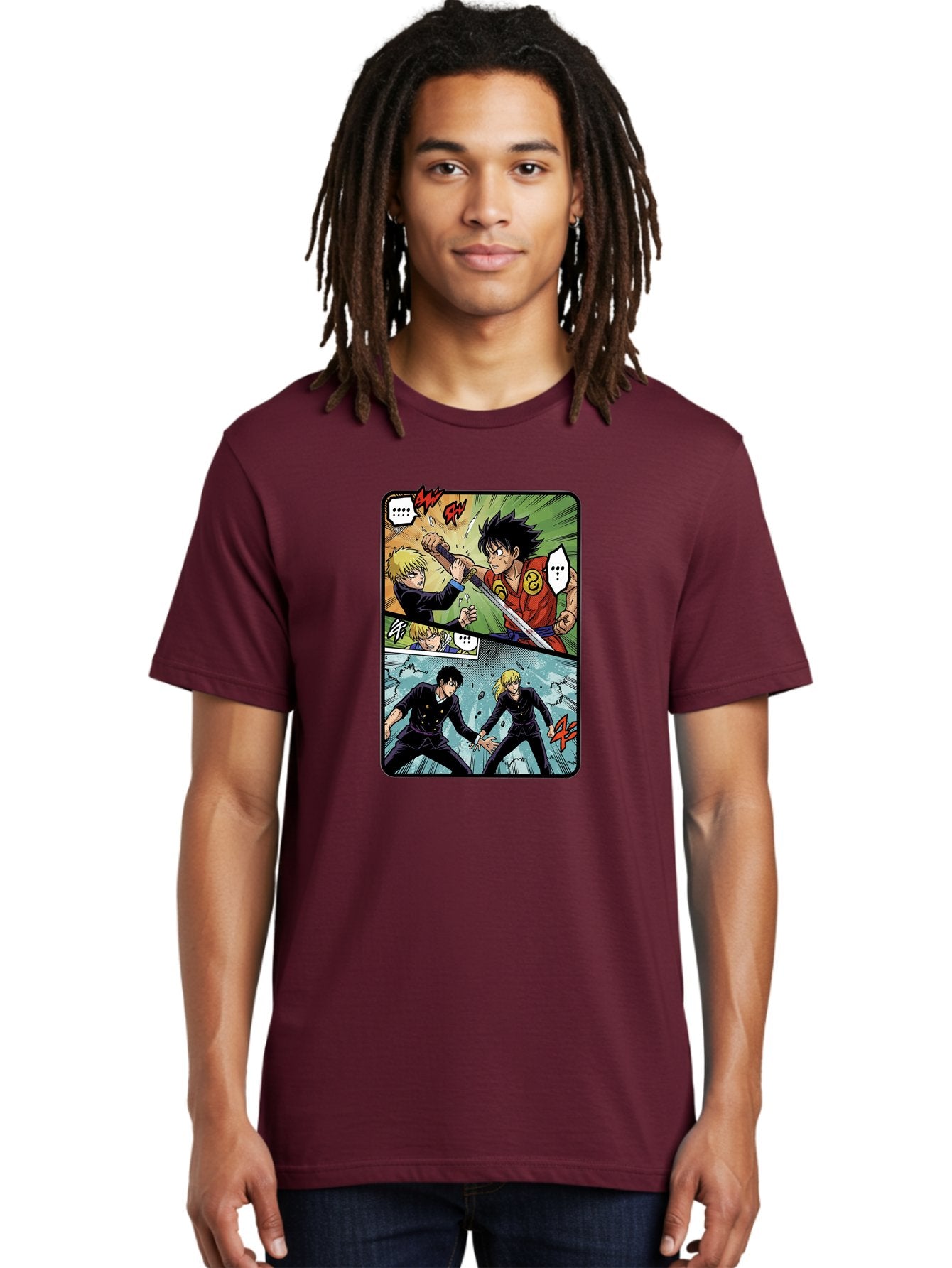 Black-And-Blonde-Anime-Boys-Fighting Men'S Graphic Tee, 100% Cotton, Comfortable Casual Summer Wear, Machine Washable, Anime Comic Strip, Action Scene, Asta And Licht Fight, Dramatic Poses, Dynamic Movement, Intense Battle, Manga Style, Bab683 25