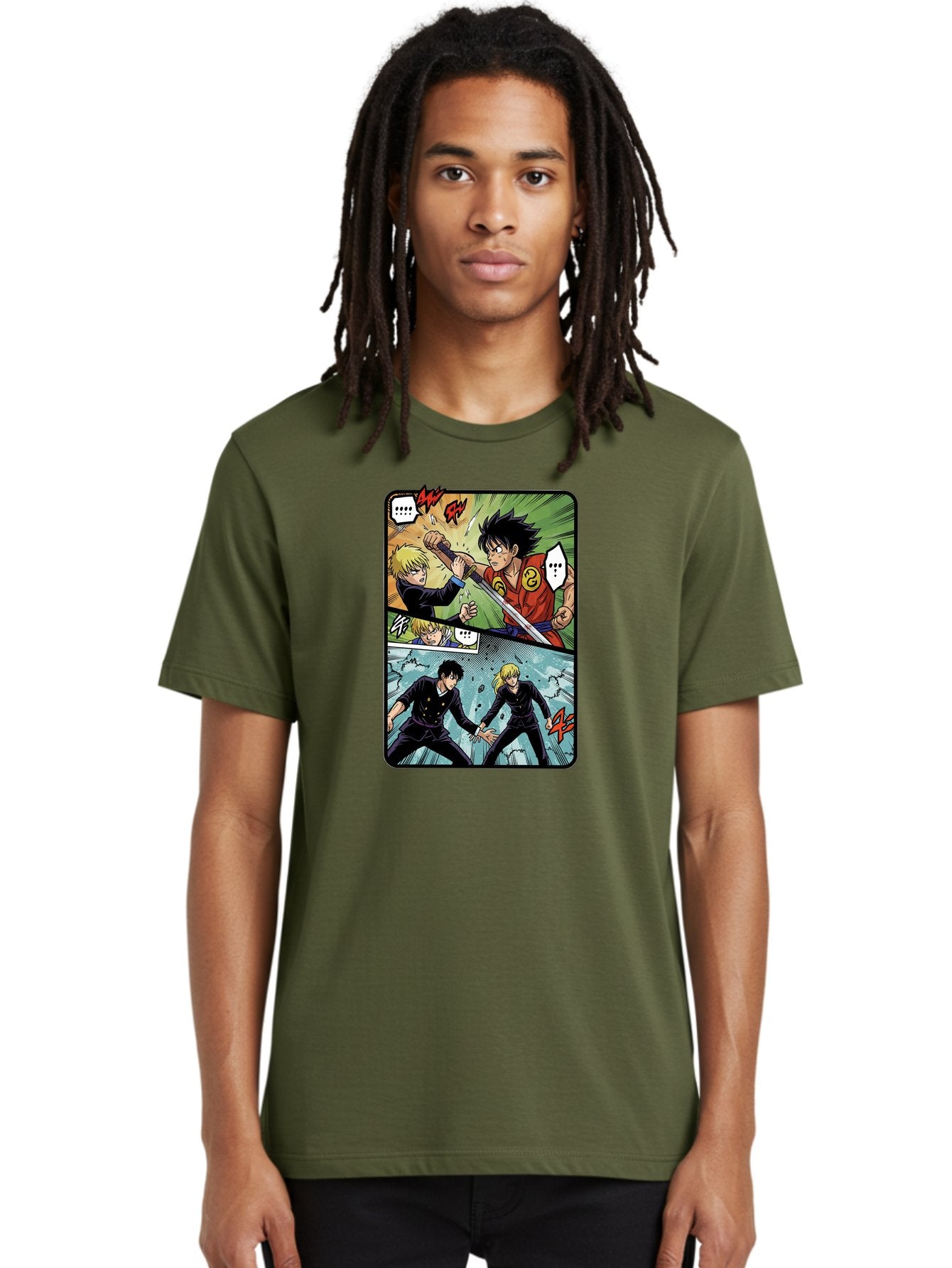Black-And-Blonde-Anime-Boys-Fighting Men'S Graphic Tee, 100% Cotton, Comfortable Casual Summer Wear, Machine Washable, Anime Comic Strip, Action Scene, Asta And Licht Fight, Dramatic Poses, Dynamic Movement, Intense Battle, Manga Style, Bab683 27